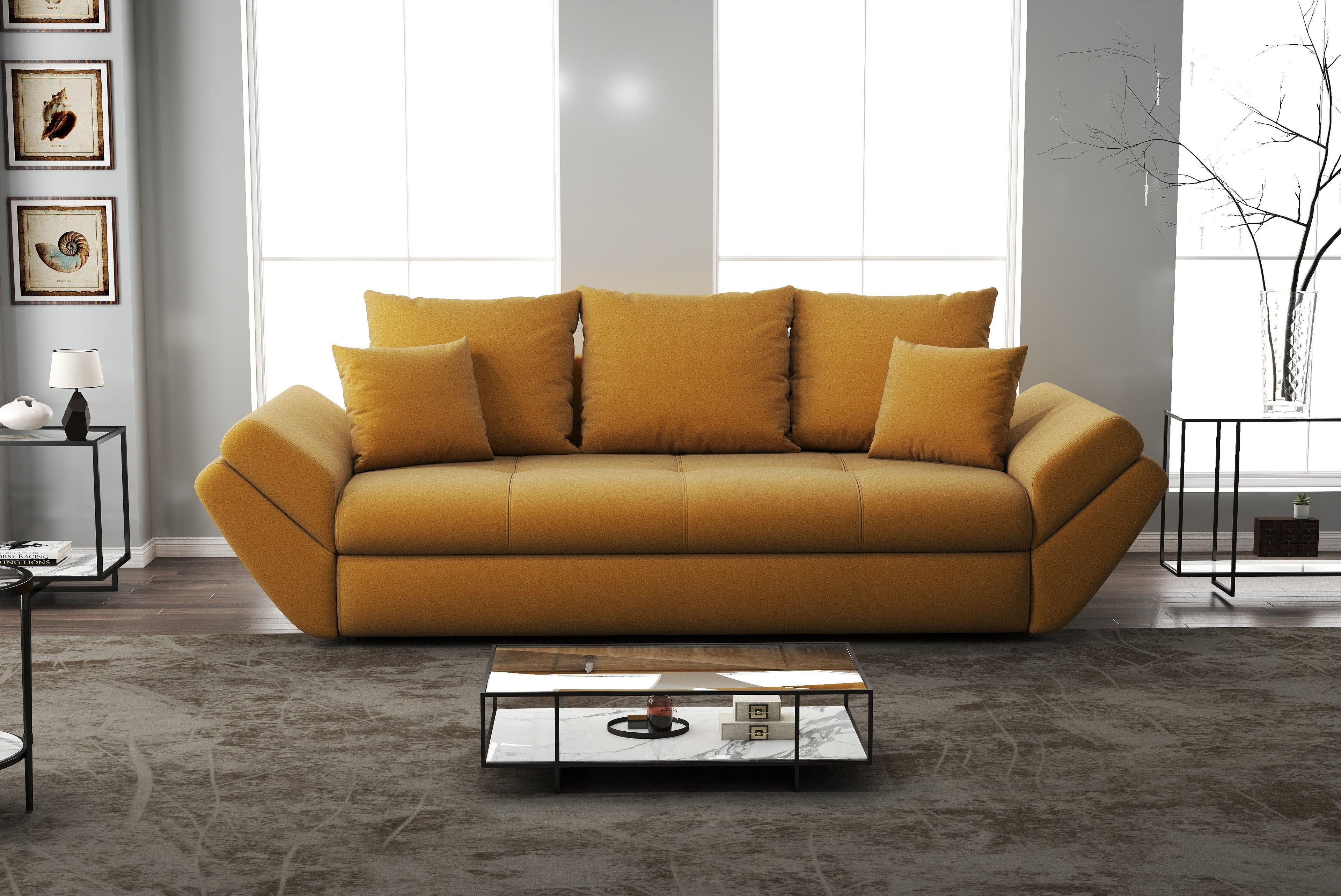Canapea extensibilă dumonde cu ladă de depozitare si sezut confortabil din spuma high-density, Loana Royal Mustar 250x100 cm