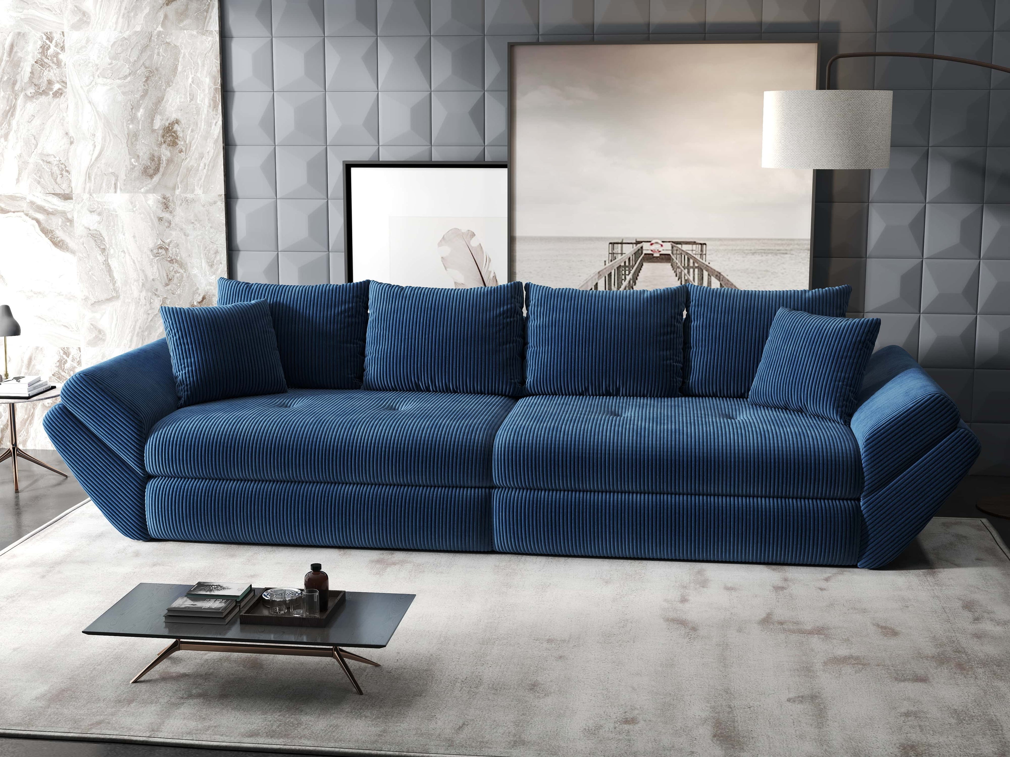 Canapea extensibilă dumonde cu ladă de depozitare si sezut confortabil din spuma high-density, Loana Zoom Albastru 300x100 cm