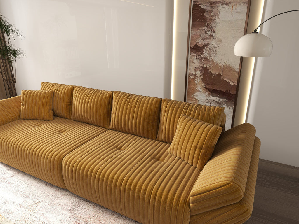 Canapea extensibilă dumonde cu ladă de depozitare si sezut confortabil din spuma high-density, Berlin Ambience Mustar 300x100 cm