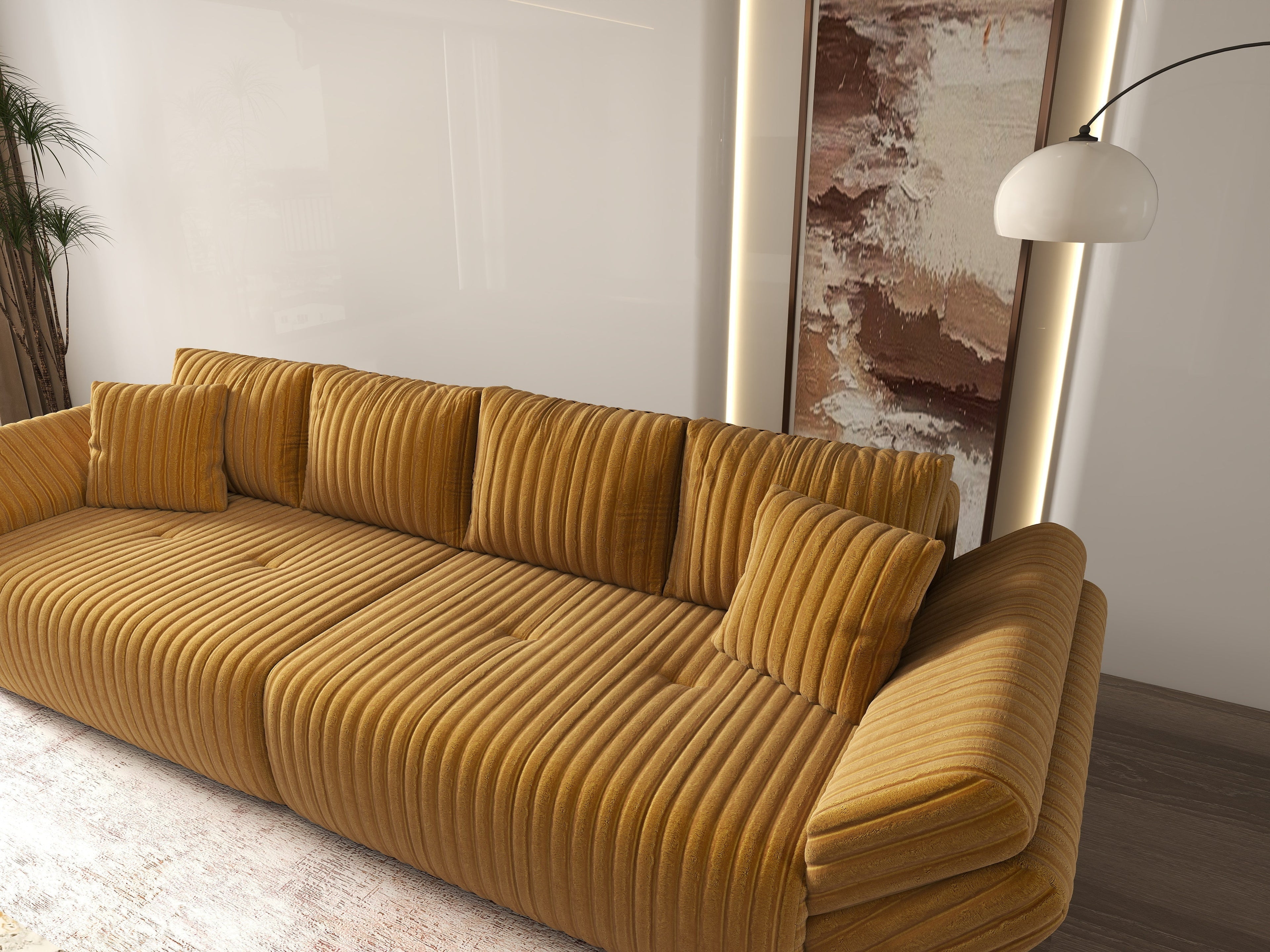 Canapea extensibilă dumonde cu ladă de depozitare si sezut confortabil din spuma high-density, Berlin Ambience Mustar 300x100 cm