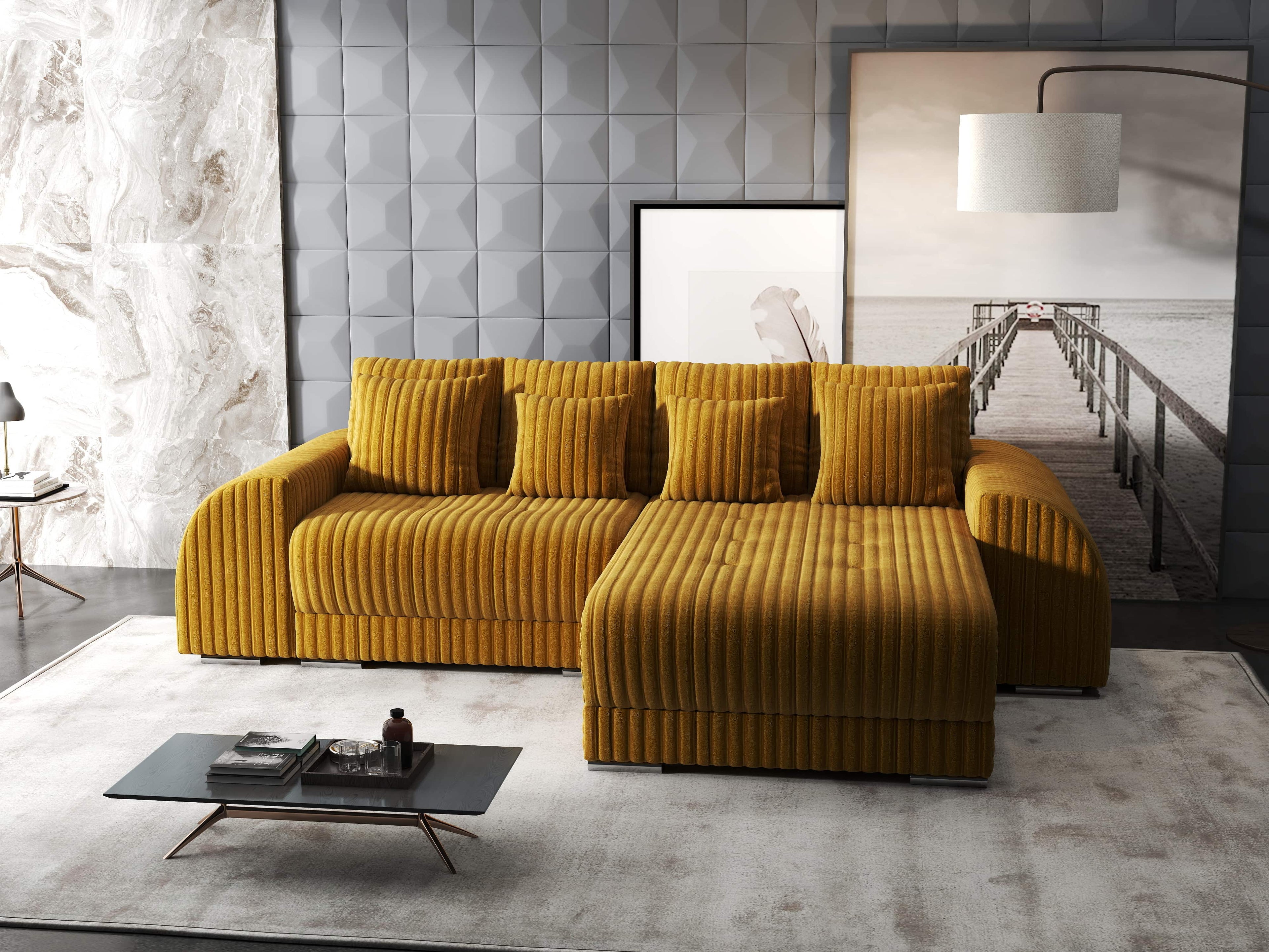 Colțar extensibil dumonde cu ladă de depozitare si sezut confortabil din spuma high-density, Verona Ambience Mustar II 290x185 cm