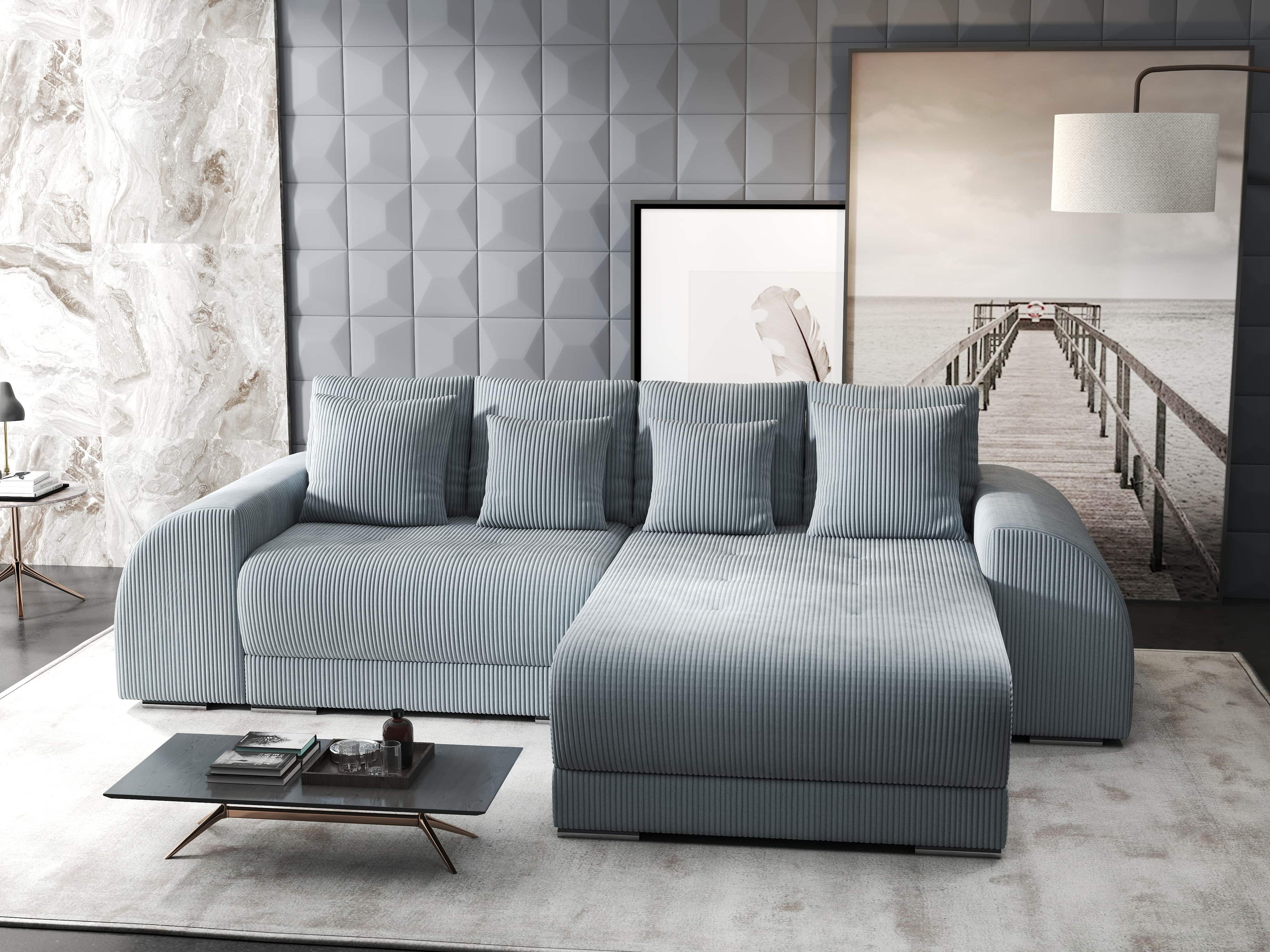 Colțar extensibil dumonde cu ladă de depozitare si sezut confortabil din spuma high-density, Verona Zoom Gri II 290x185 cm