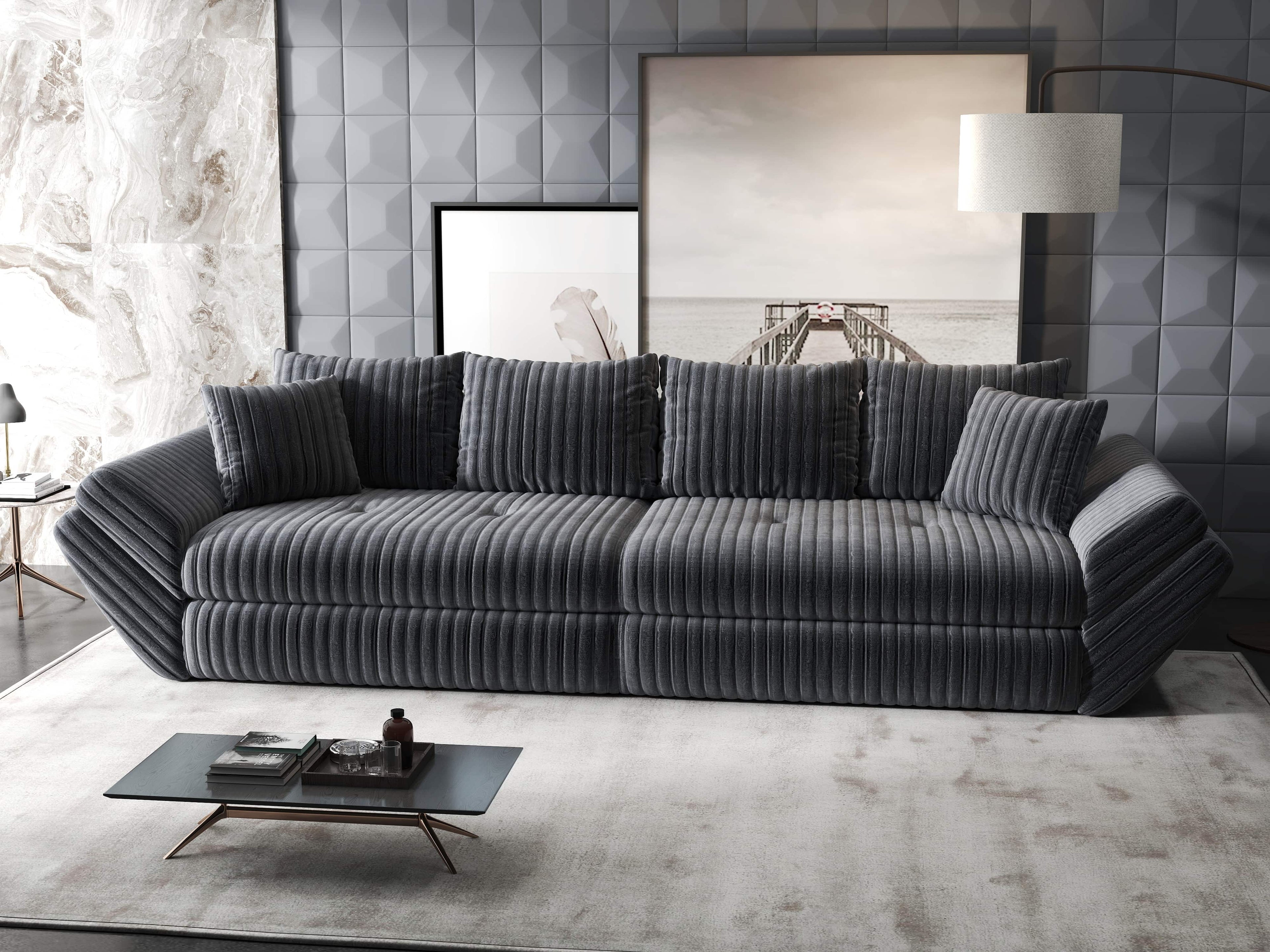 Canapea extensibilă dumonde cu ladă de depozitare si sezut confortabil din spuma high-density, Loana Ambience Gri 300x100 cm