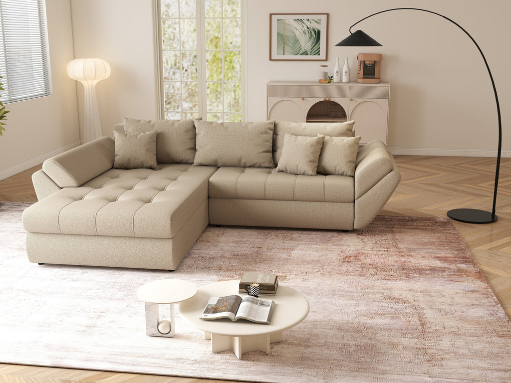 Colțar extensibil dumonde cu ladă de depozitare si sezut confortabil din spuma high-density, Loana Enjoy Camel 270x185 cm