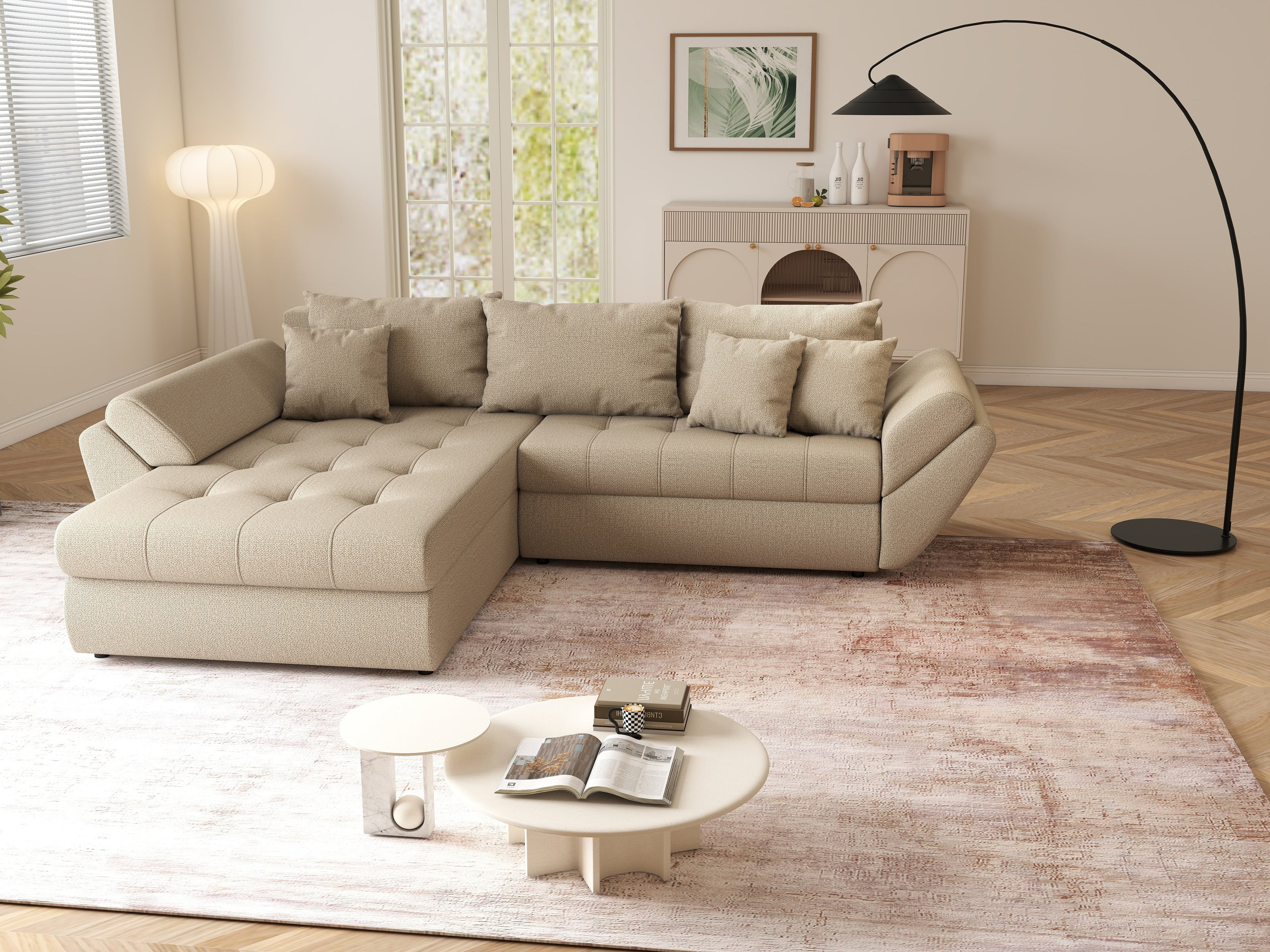 Colțar extensibil dumonde cu ladă de depozitare si sezut confortabil din spuma high-density, Loana Enjoy Camel 270x185 cm