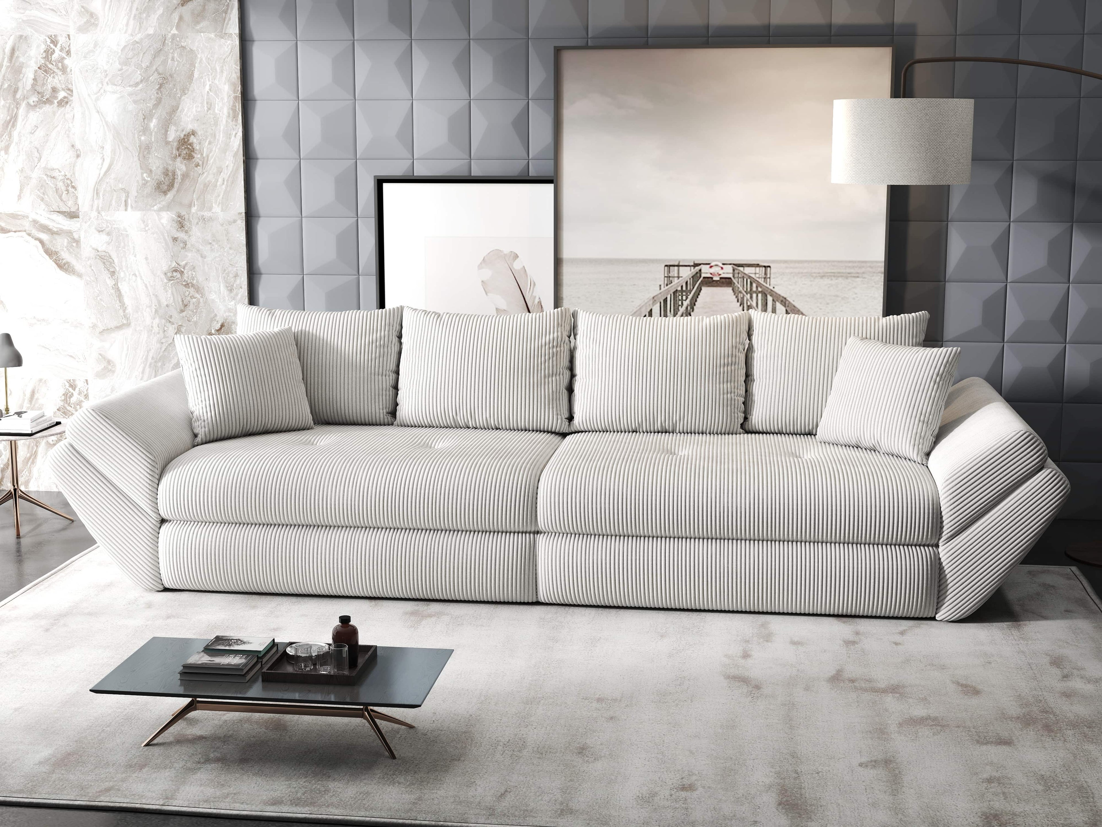 Canapea extensibilă dumonde cu ladă de depozitare si sezut confortabil din spuma high-density, Loana Zoom Cream 300x100 cm