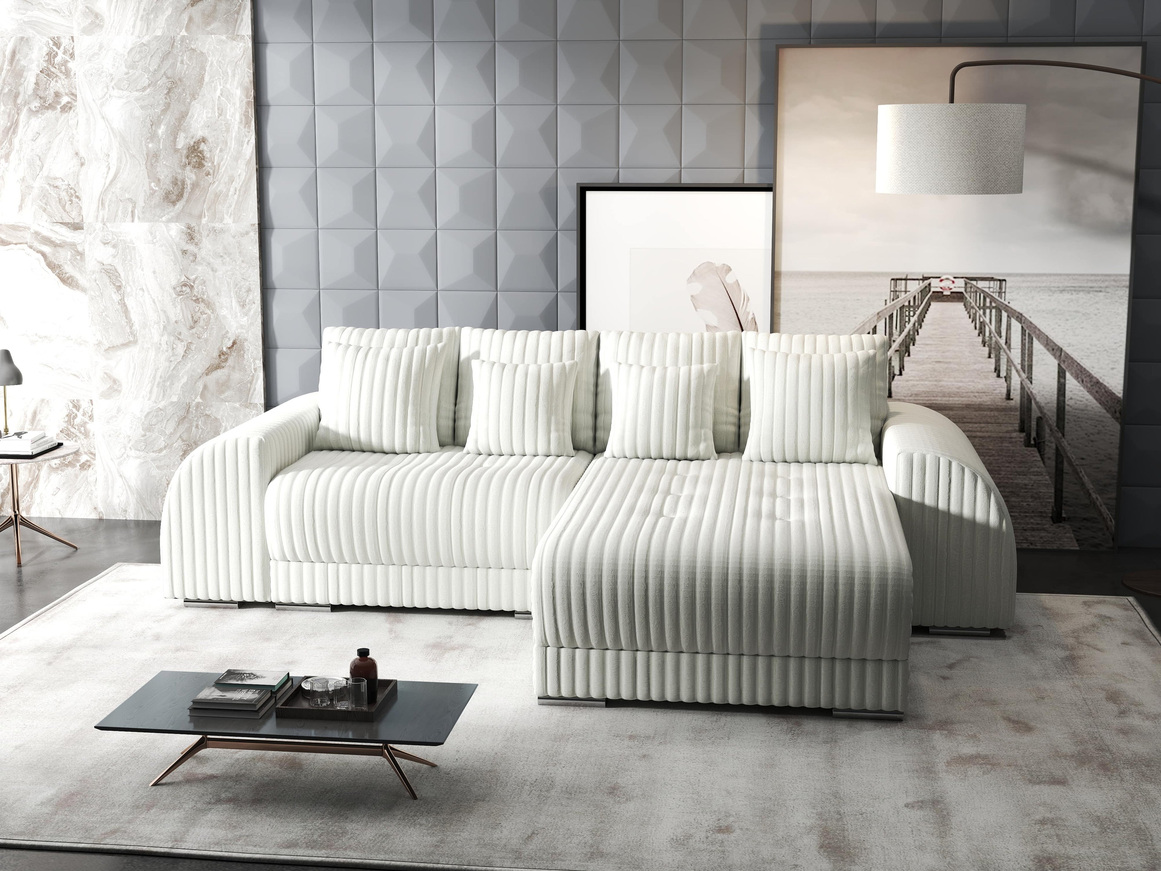 Colțar extensibil dumonde cu ladă de depozitare si sezut confortabil din spuma high-density, Verona Ambience Ivory II 290x185 cm