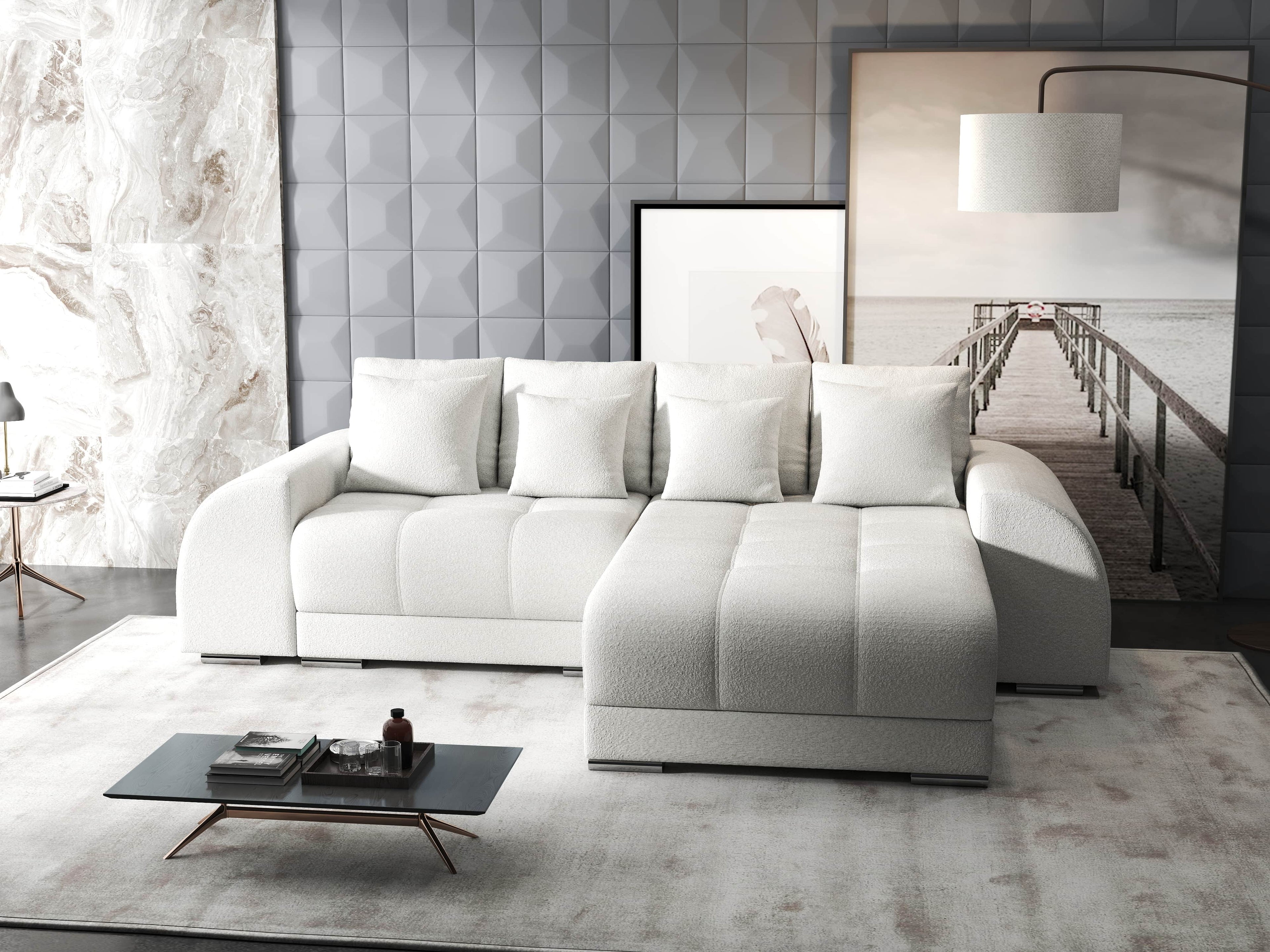 Colțar extensibil dumonde cu ladă de depozitare si sezut confortabil din spuma high-density, Verona Euphoria Ivory II 290x185 cm