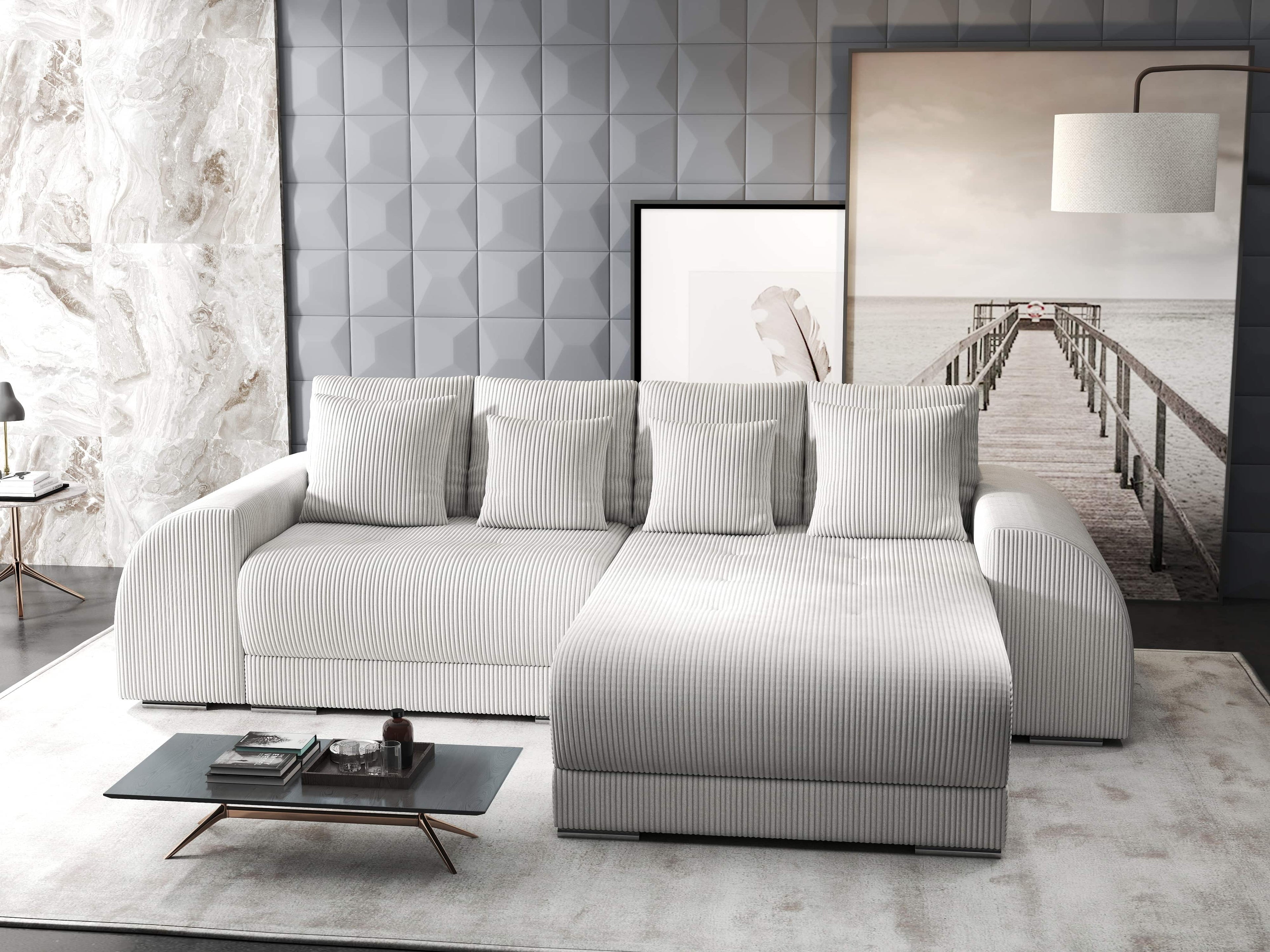 Colțar extensibil dumonde cu ladă de depozitare si sezut confortabil din spuma high-density, Verona Zoom Crem II 290x185 cm