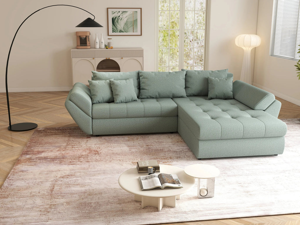Colțar extensibil dumonde cu ladă de depozitare si sezut confortabil din spuma high-density, Loana Enjoy Mint II 270x185 cm