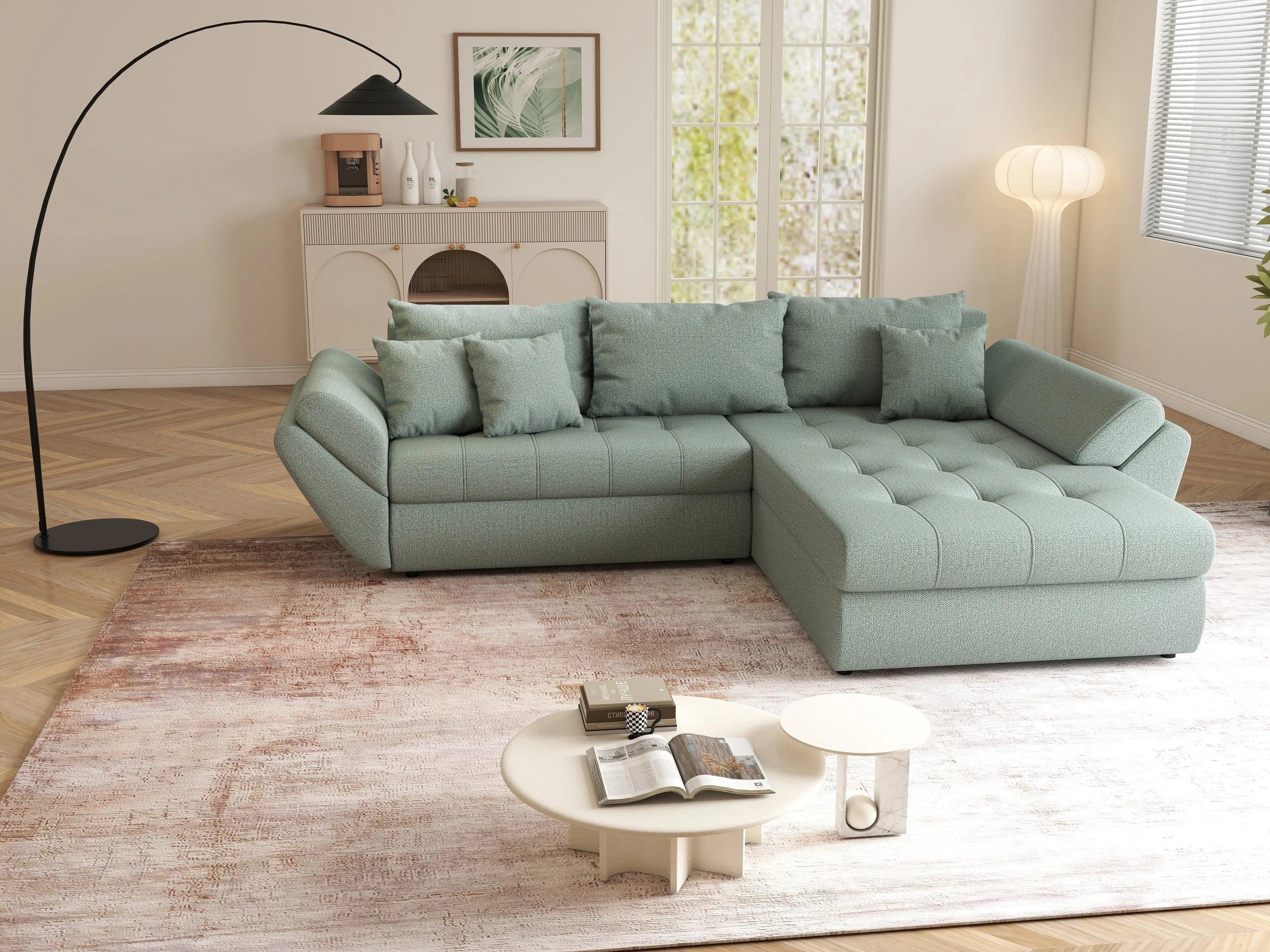 Colțar extensibil dumonde cu ladă de depozitare si sezut confortabil din spuma high-density, Loana Enjoy Mint II 270x185 cm