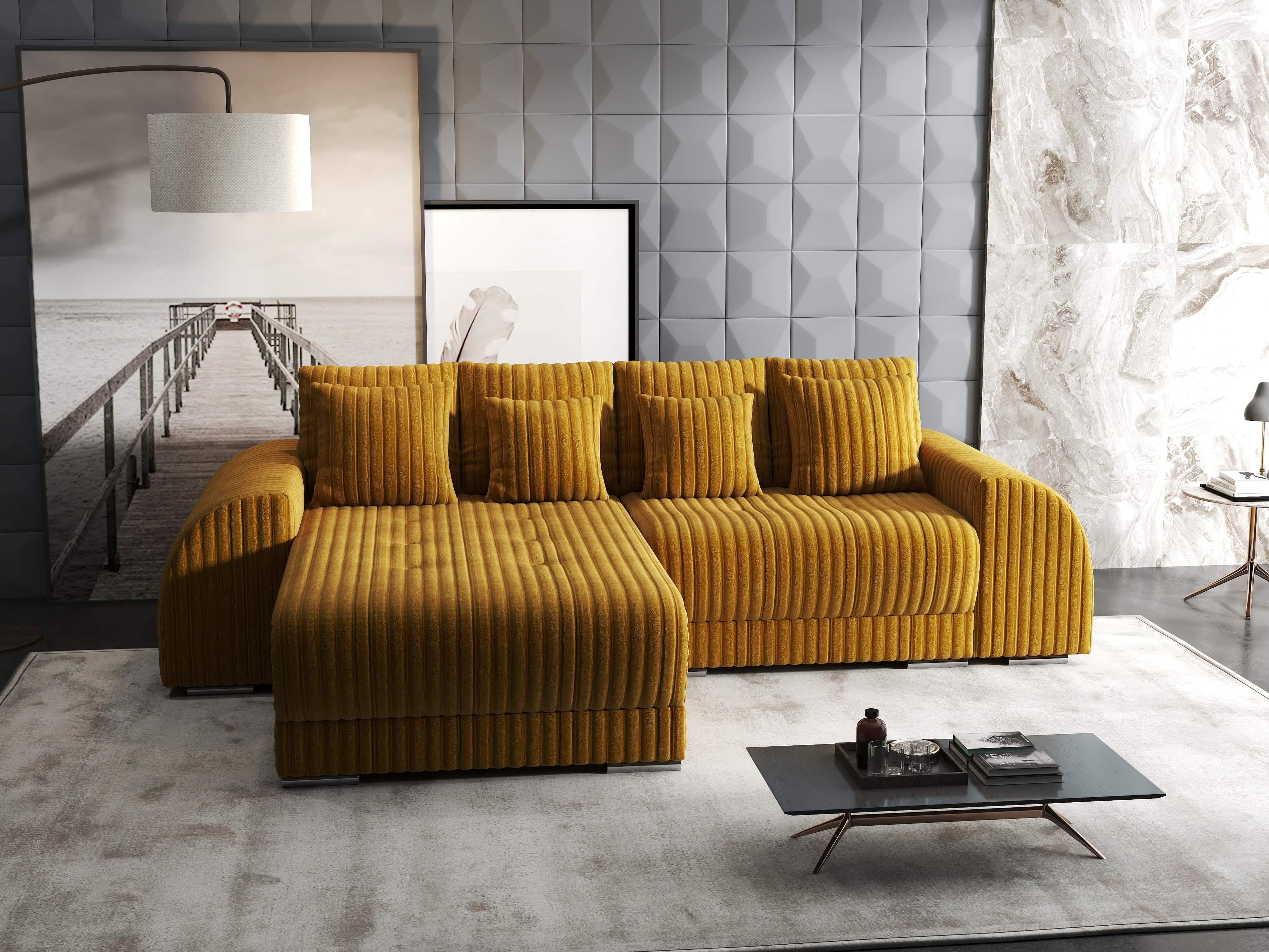Colțar extensibil dumonde cu ladă de depozitare si sezut confortabil din spuma high-density, Verona Ambience Mustar 290x185 cm