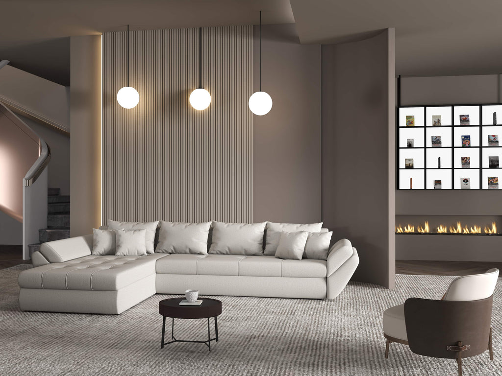 Colțar extensibil dumonde cu ladă de depozitare si sezut confortabil din spuma high-density, Loana XL Enjoy Beige 335x185 cm