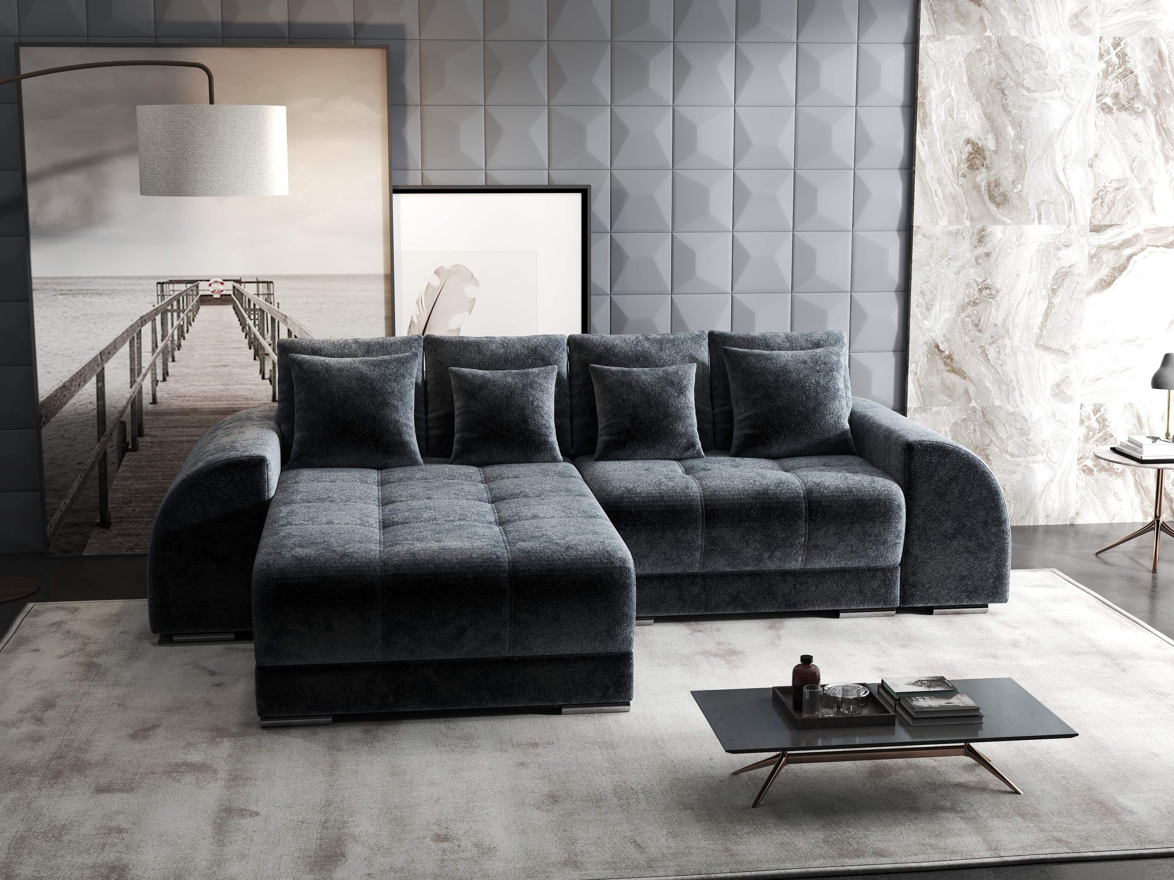 Colțar extensibil dumonde cu ladă de depozitare si sezut confortabil din spuma high-density, Verona Euphoria Grafit 290x185 cm