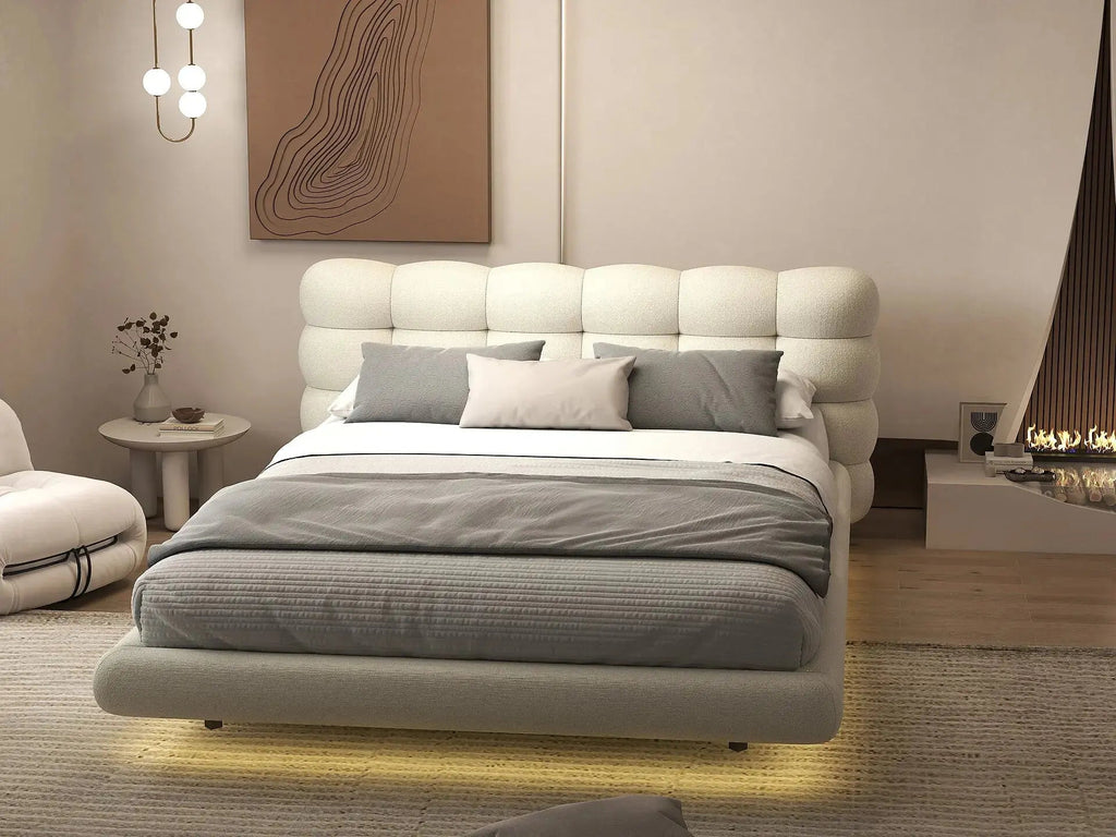 Pat dormitor dumonde, tapitat gri cu LED, "floating bed" Cloud 180x200 cm, somiera inclusa