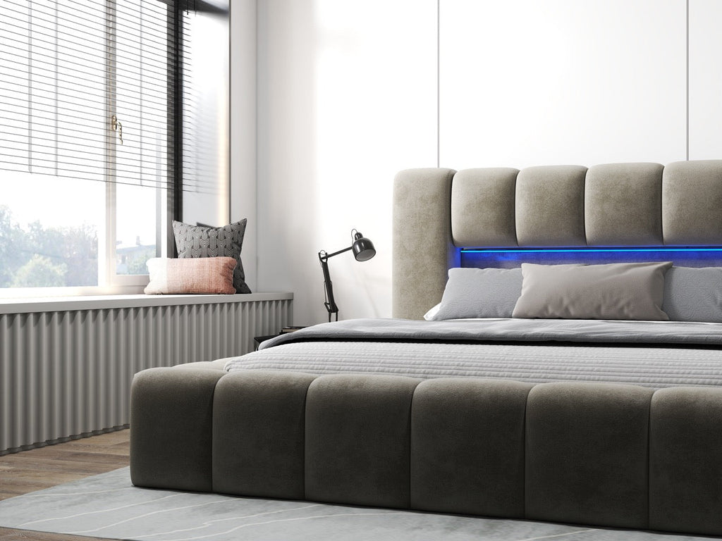 Pat dormitor dumonde, tapitat bej cu LED si USB, Palermo 160x200 cm, somiera rabatabila inclusa, spatiu depozitare