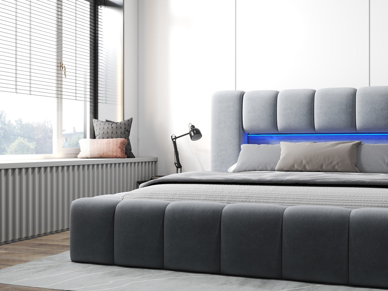 Pat dormitor dumonde, tapitat gri cu LED si USB, Palermo 160x200 cm, somiera rabatabila inclusa, spatiu depozitare