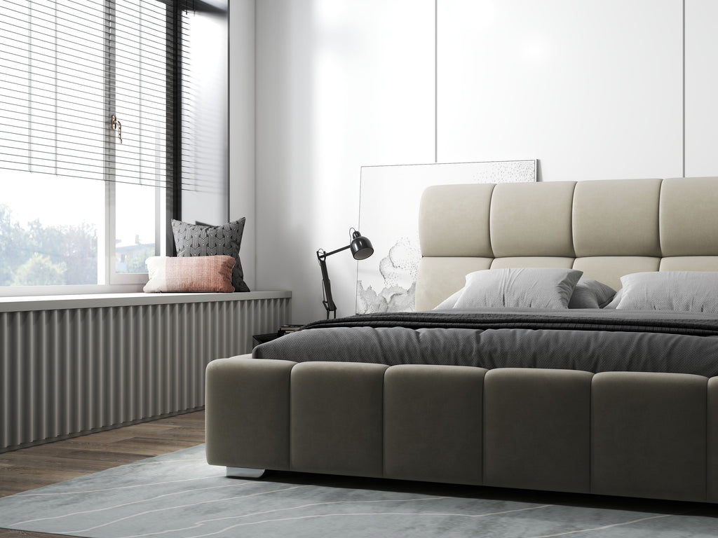 Pat dormitor dumonde, tapitat bej, Prestige 160x200 cm, somiera rabatabila inclusa, spatiu depozitare