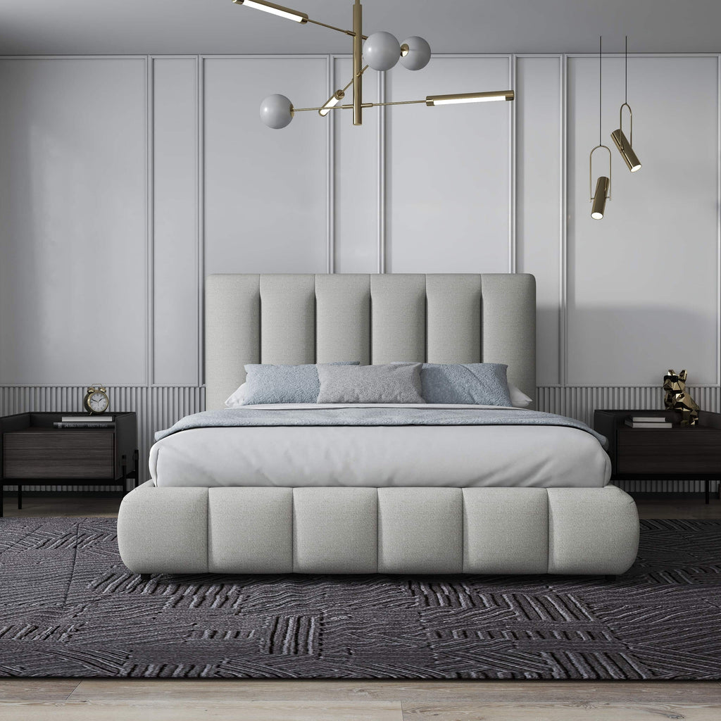 Pat dormitor dumonde, tapitat gri, Divaneo 160x200 cm, somiera rabatabila inclusa, spatiu depozitare