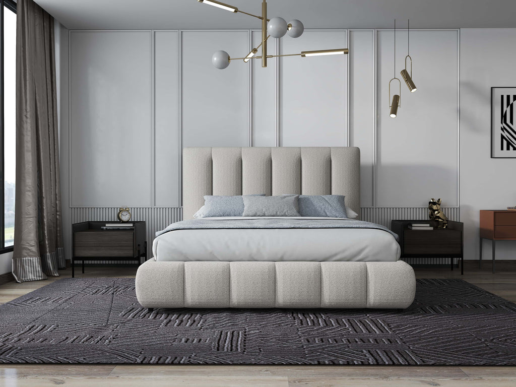 Pat dormitor dumonde, tapitat bej, Divaneo 180x200 cm, somiera rabatabila inclusa, spatiu depozitare