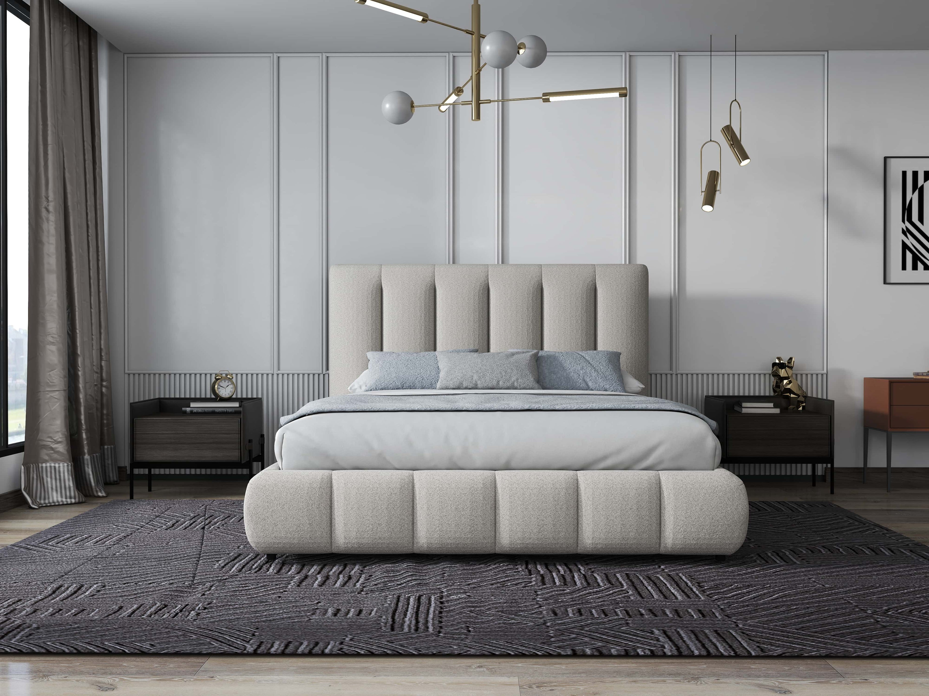 Pat dormitor dumonde, tapitat bej, Divaneo 180x200 cm, somiera rabatabila inclusa, spatiu depozitare