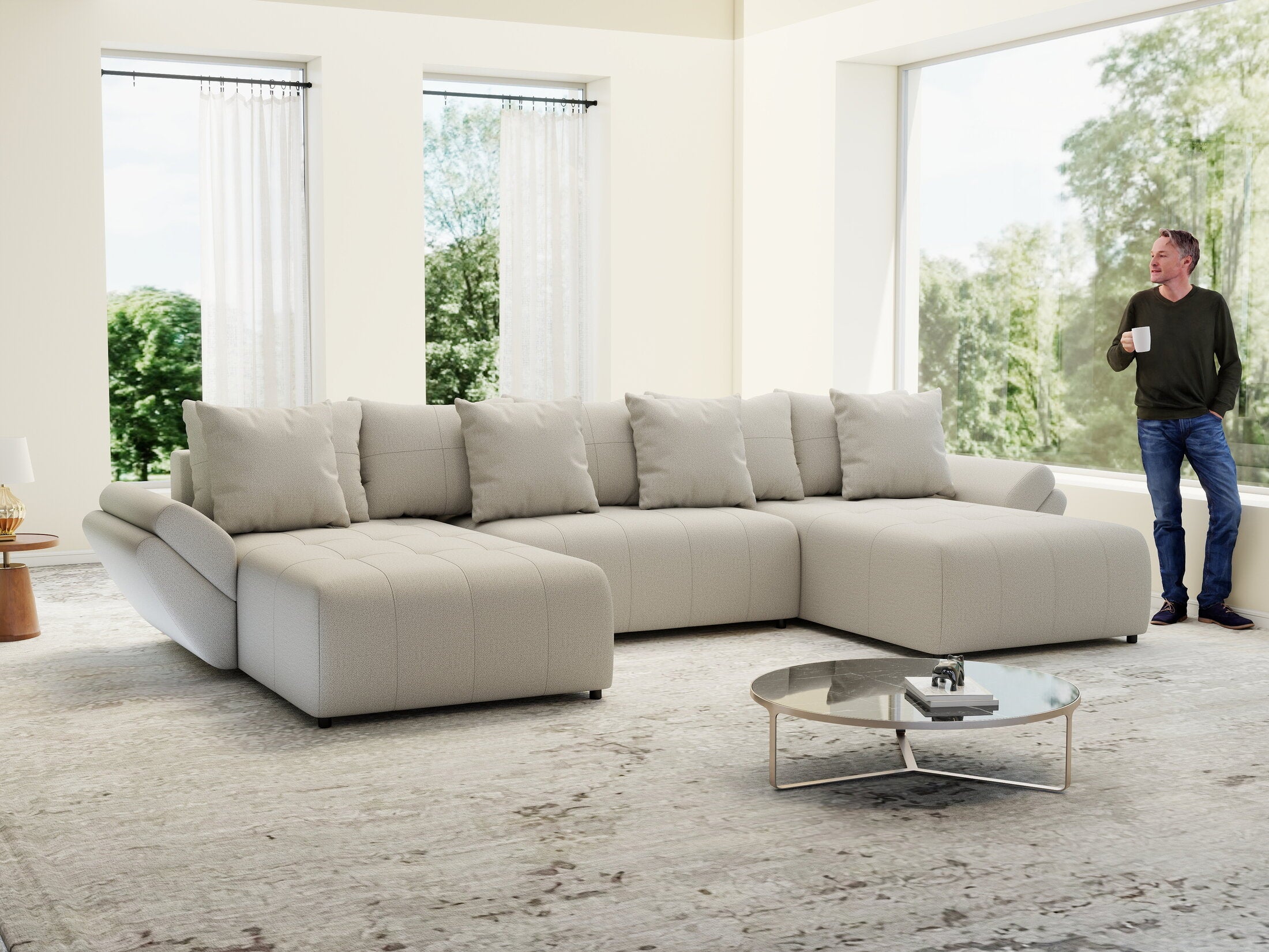 Colțar extensibil dumonde cu ladă de depozitare si sezut confortabil din spuma high-density, Berlin U Enjoy Bej 380x180 cm