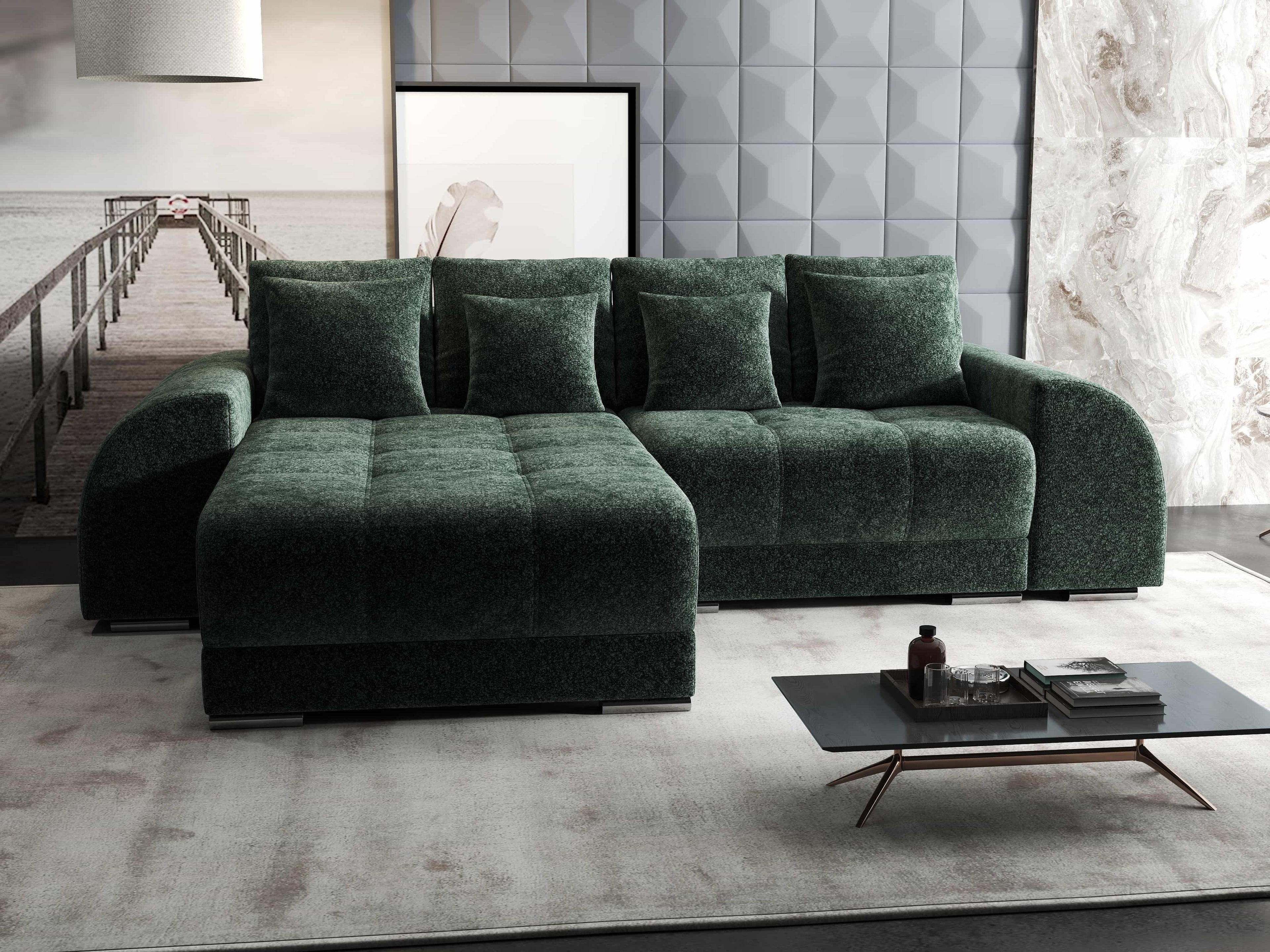 Colțar extensibil dumonde cu ladă de depozitare si sezut confortabil din spuma high-density, Verona Euphoria Verde 290x185 cm