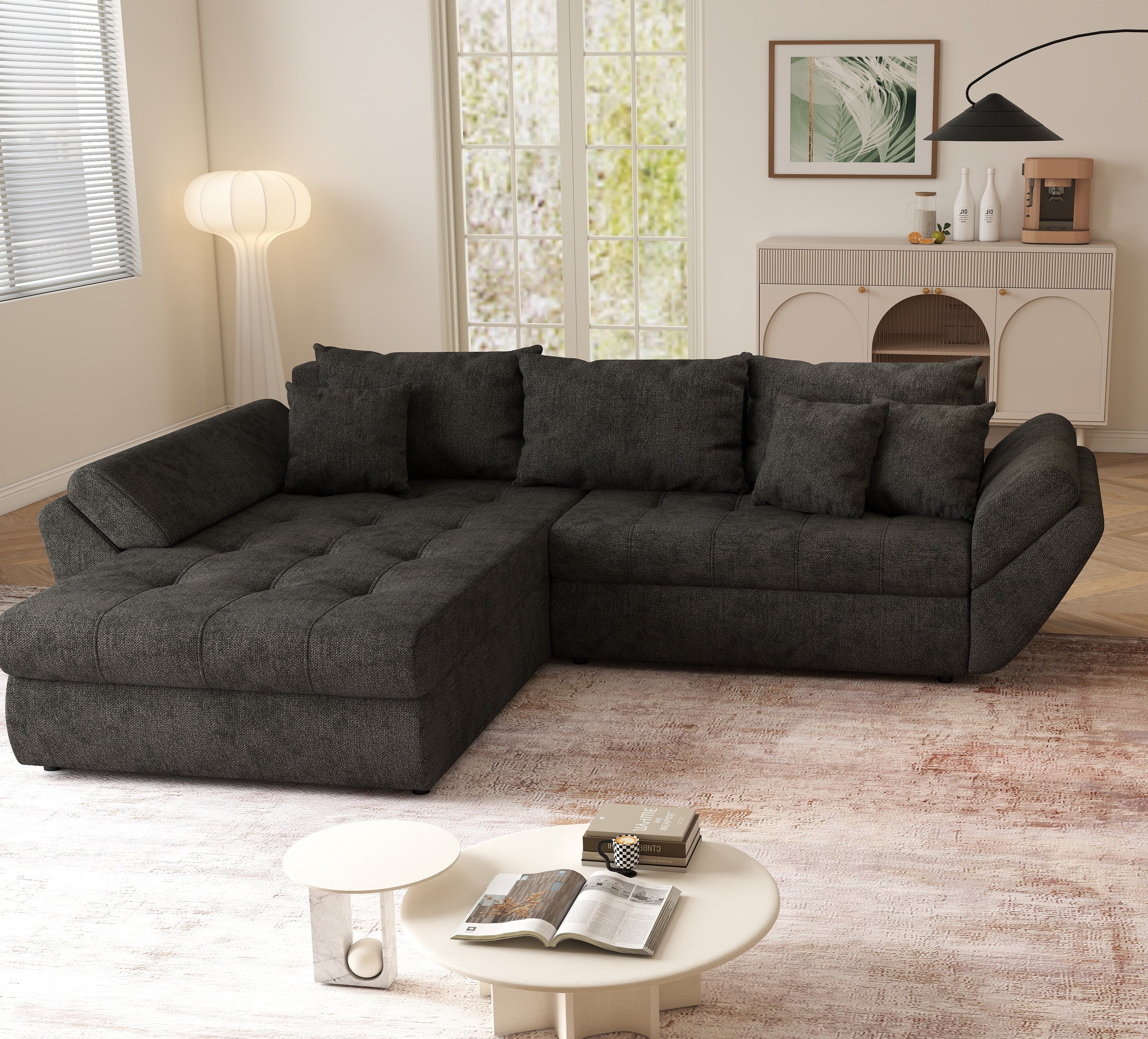 Colțar extensibil dumonde cu ladă de depozitare si sezut confortabil din spuma high-density, Loana Enjoy Black II 270x185 cm