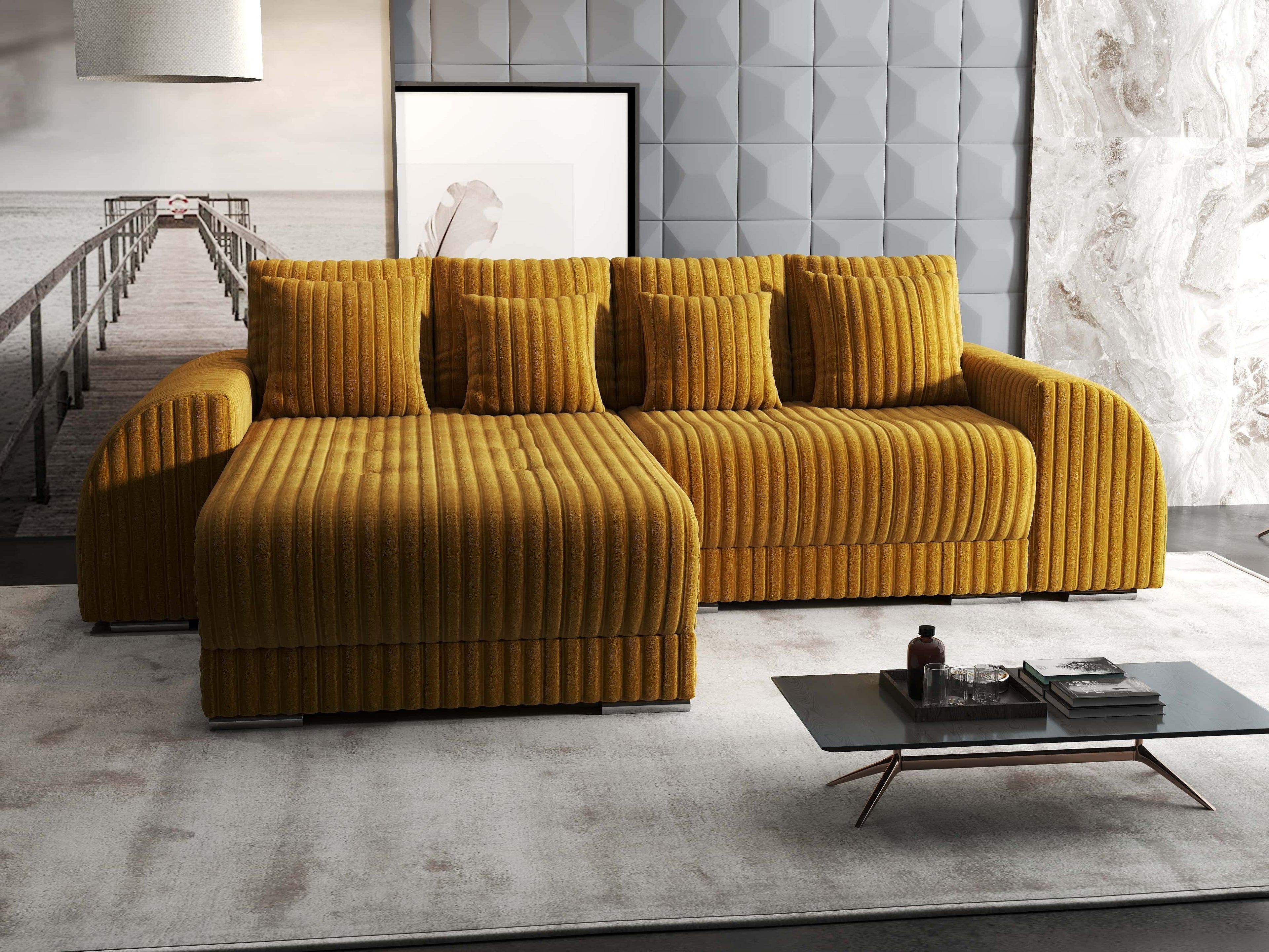 Colțar extensibil dumonde cu ladă de depozitare si sezut confortabil din spuma high-density, Verona Ambience Mustar 290x185 cm