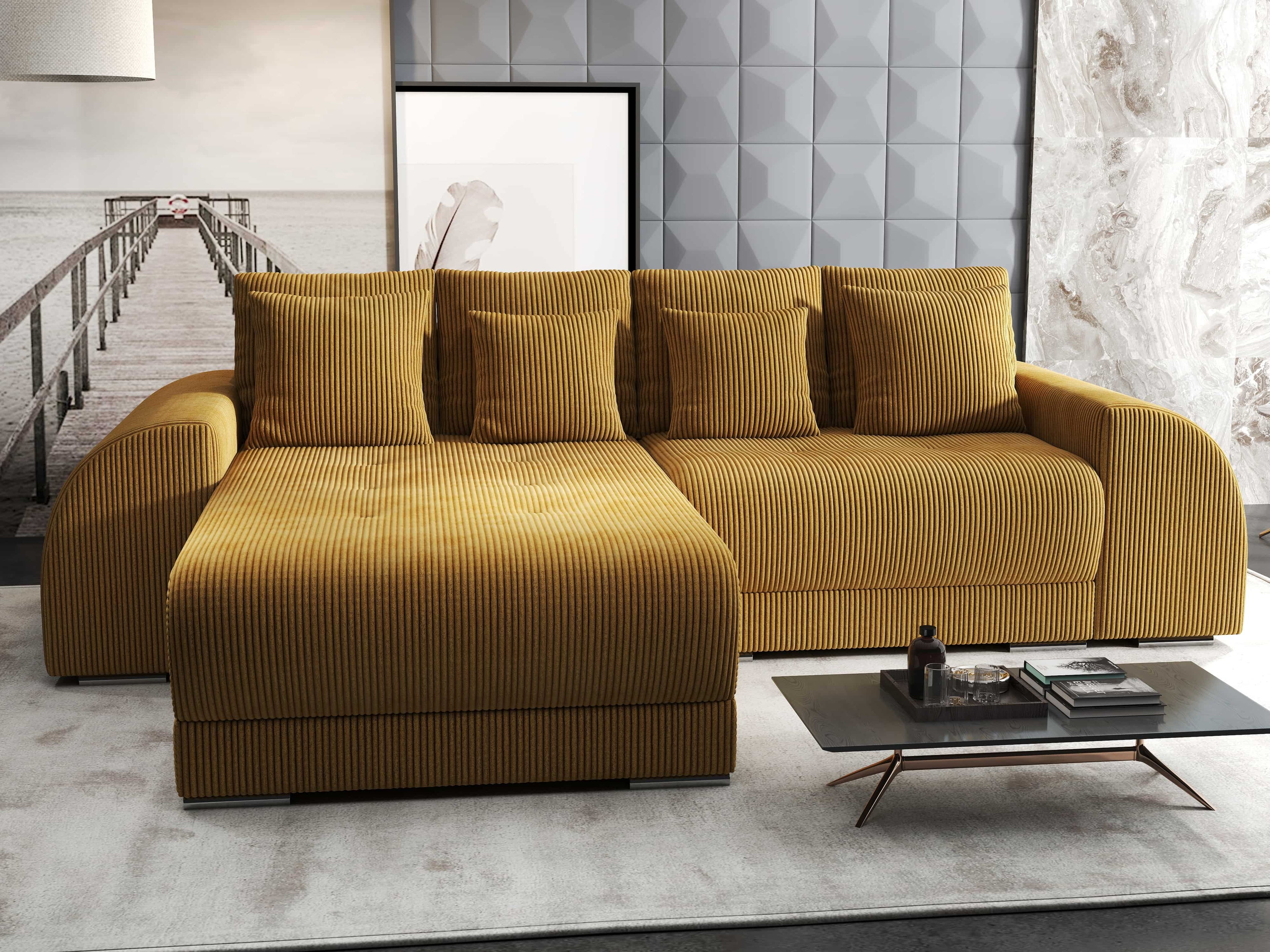 Colțar extensibil dumonde cu ladă de depozitare si sezut confortabil din spuma high-density, Verona Zoom Mustar 290x185 cm