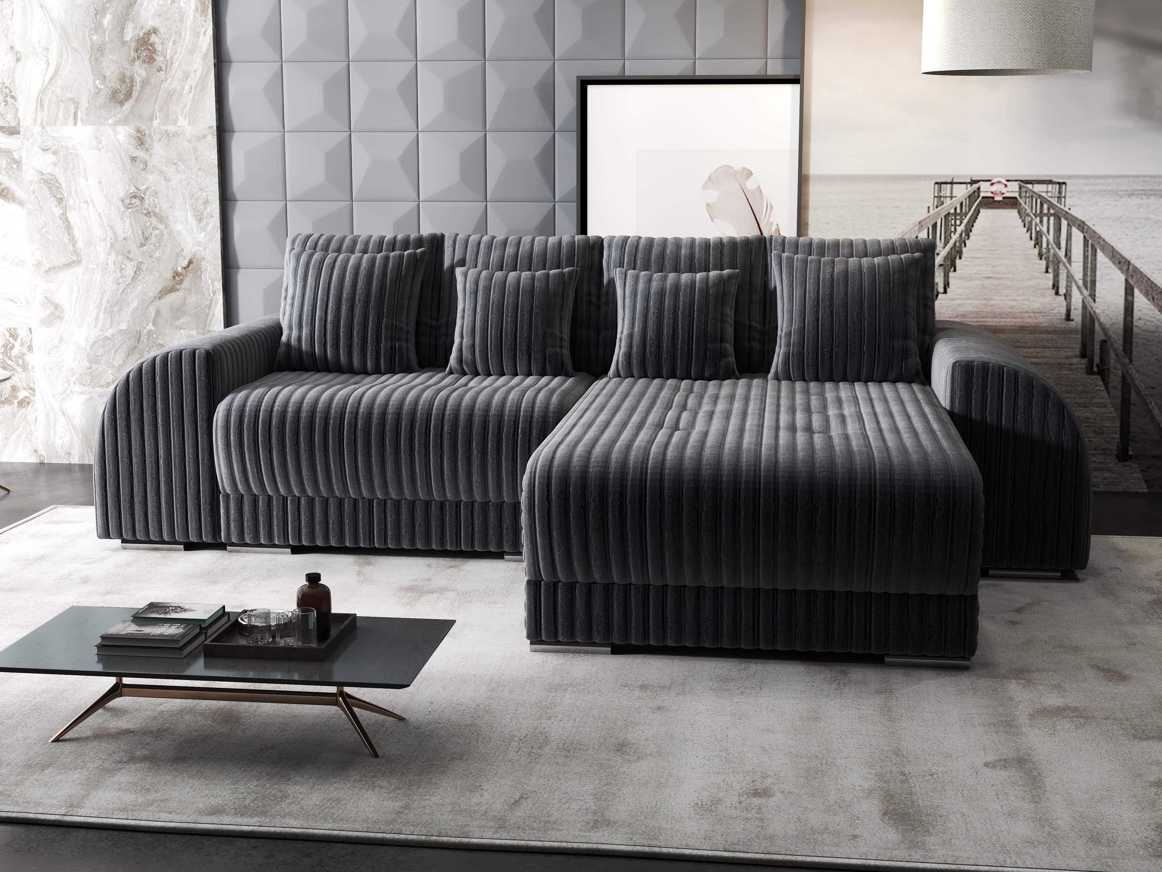 Colțar extensibil dumonde cu ladă de depozitare si sezut confortabil din spuma high-density, Verona Ambience Gri II 290x185 cm