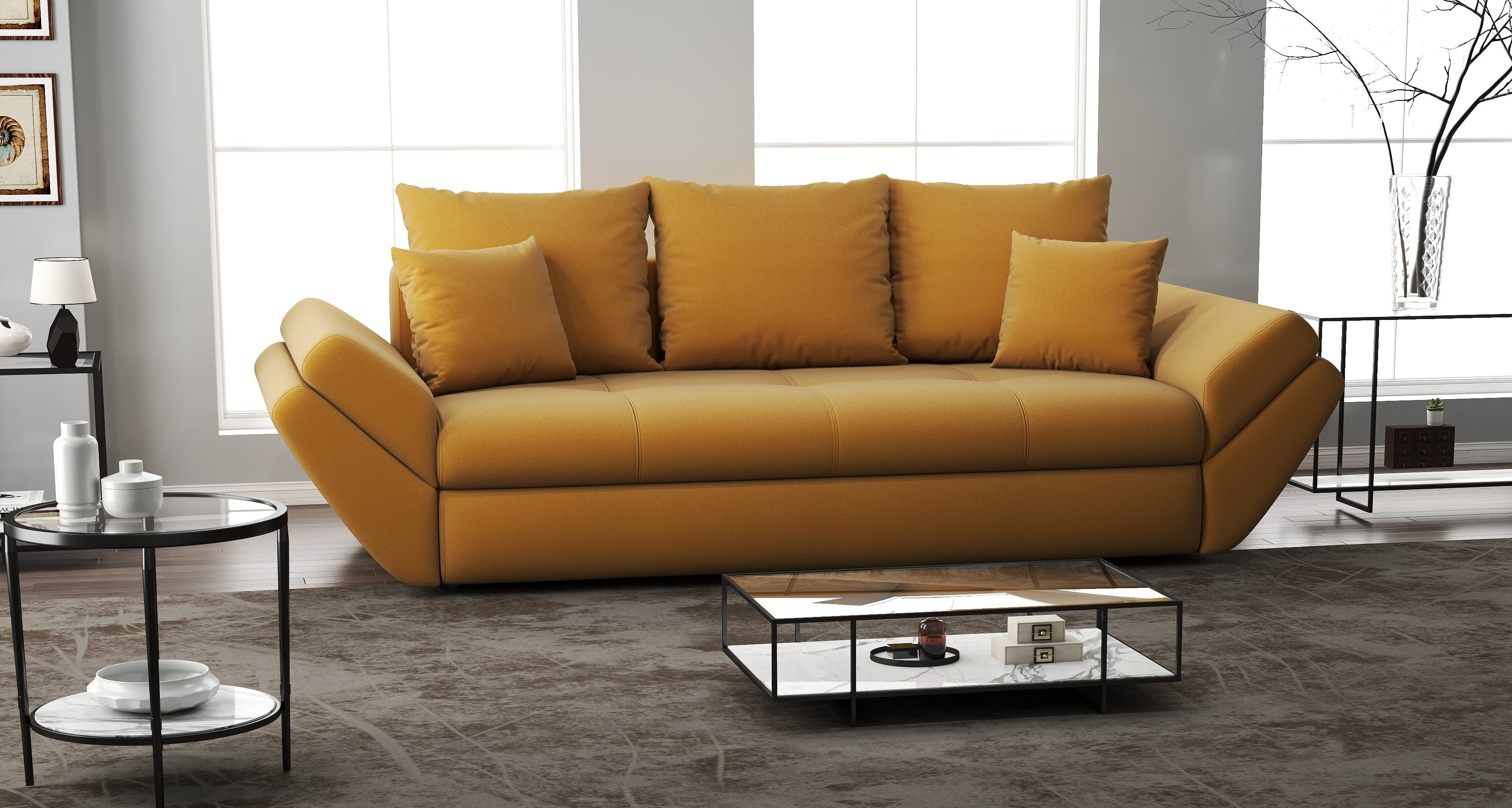 Canapea extensibilă dumonde cu ladă de depozitare si sezut confortabil din spuma high-density, Loana Royal Mustar 250x100 cm