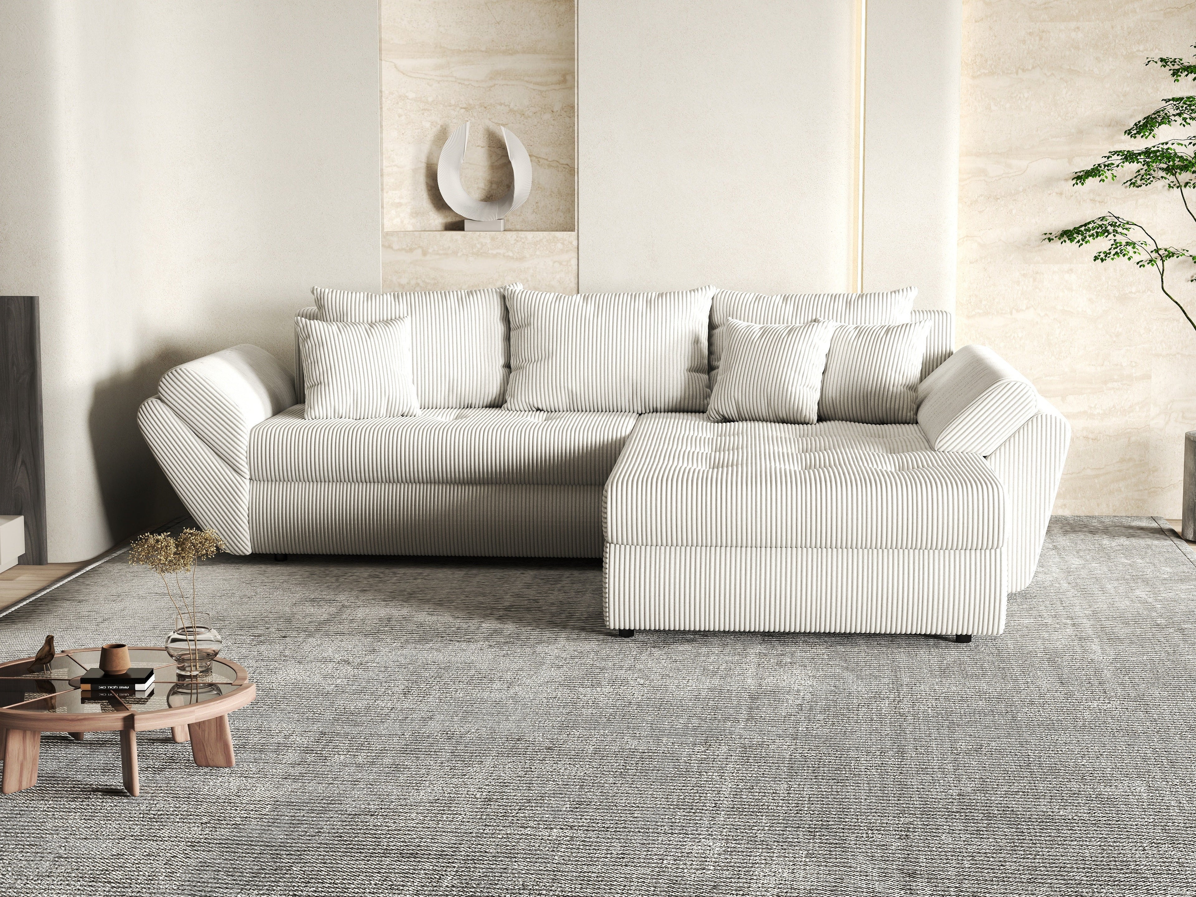Colțar extensibil dumonde cu ladă de depozitare si sezut confortabil din spuma high-density, Loana Zoom Crem II 270x185 cm