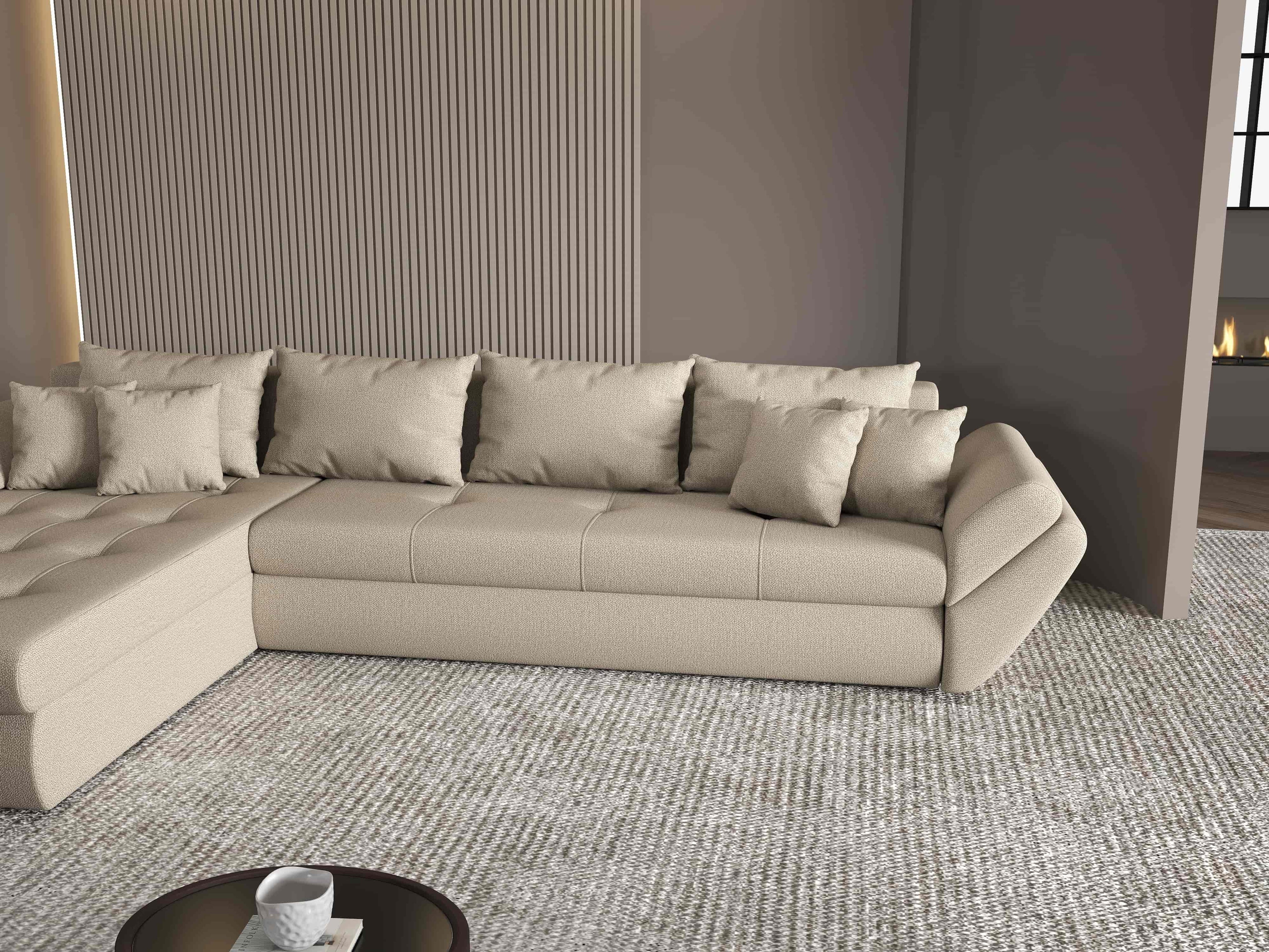 Colțar extensibil dumonde cu ladă de depozitare si sezut confortabil din spuma high-density, Loana XL Enjoy Camel 335x185 cm