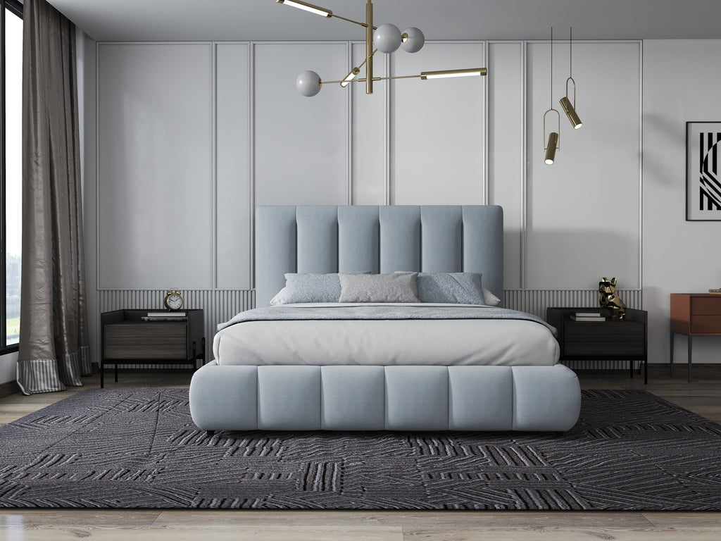 Pat dormitor dumonde, tapitat gri, Divaneo 160x200 cm, somiera rabatabila inclusa, spatiu depozitare