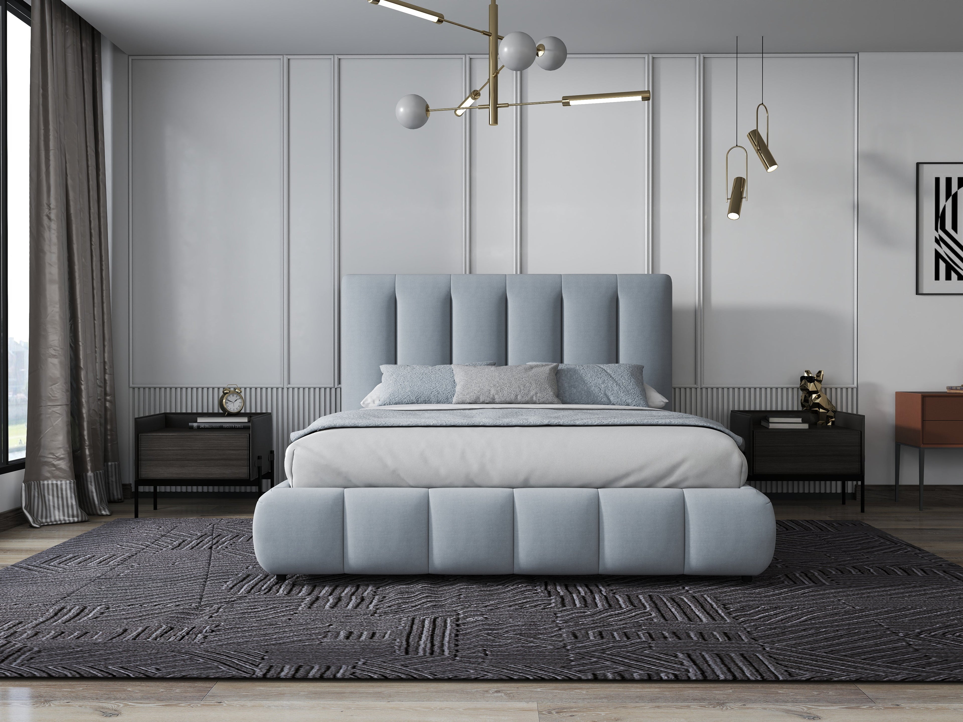 Pat dormitor dumonde, tapitat gri, Divaneo 160x200 cm, somiera rabatabila inclusa, spatiu depozitare