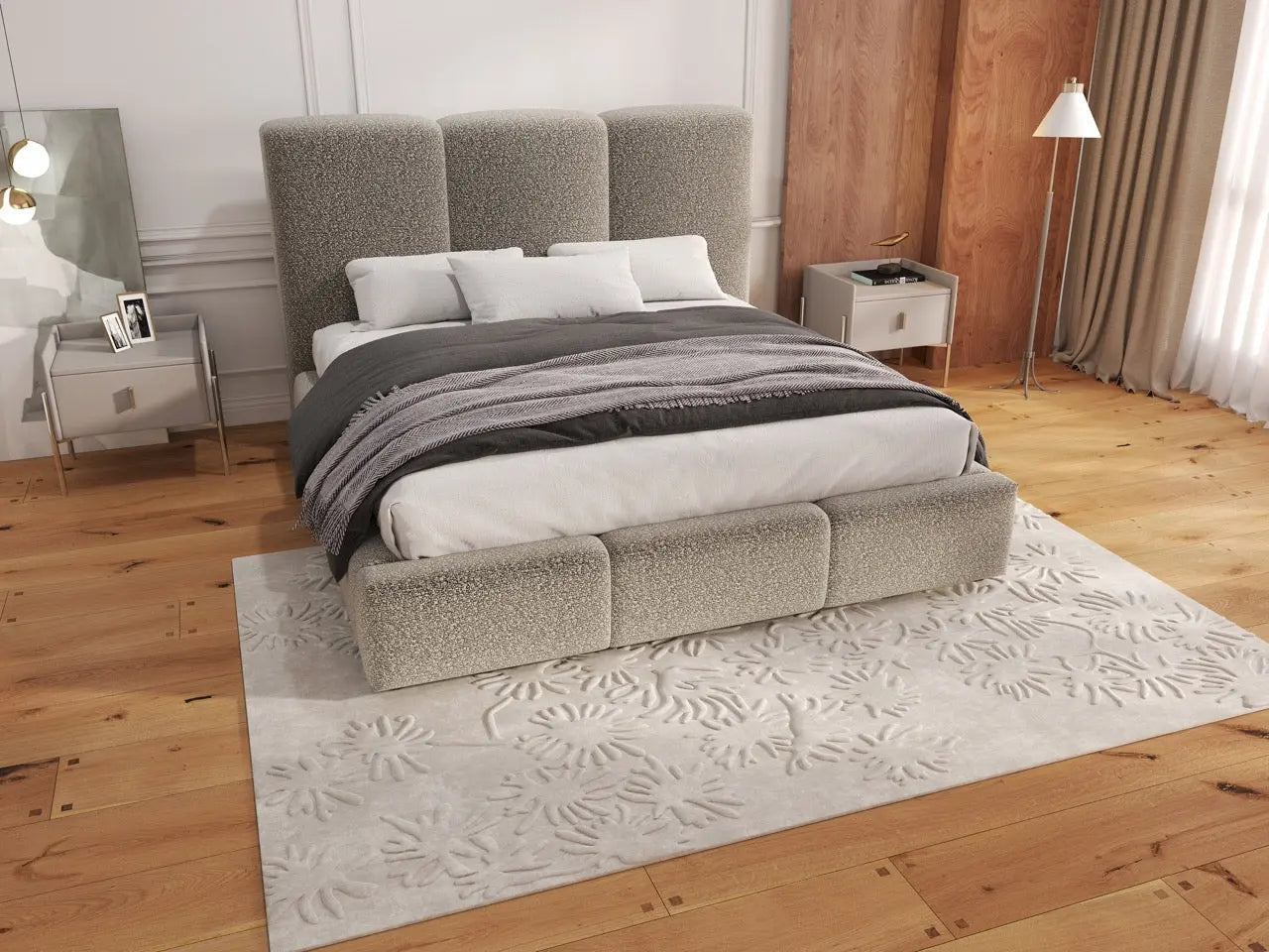 Pat dormitor dumonde, tapitat gri, Dinasty 160x200 cm, somiera rabatabila inclusa, spatiu depozitare