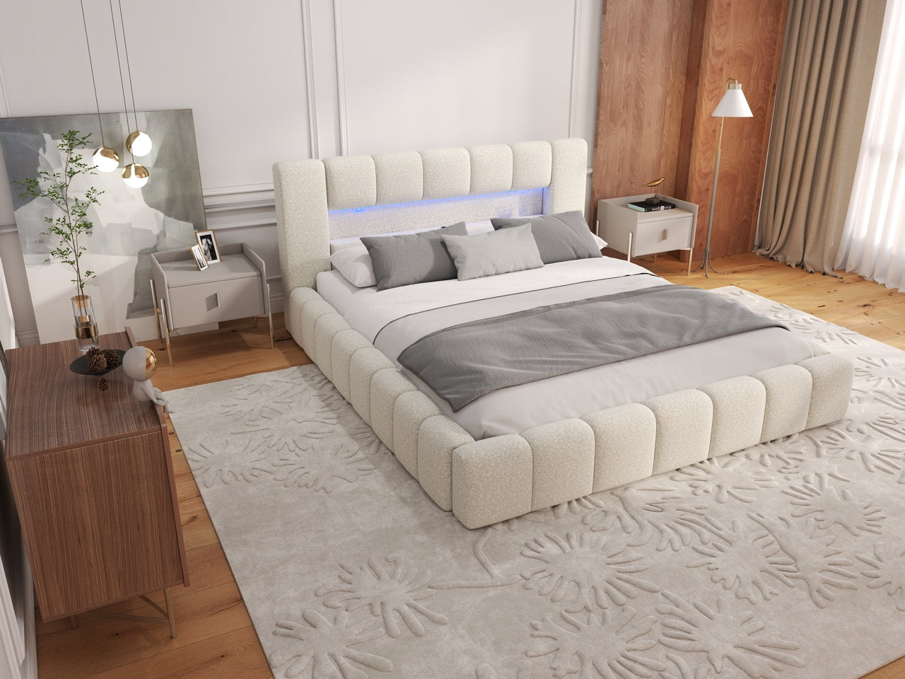 Pat dormitor dumonde, tapitat bej cu LED si USB, Palermo 160x200 cm, somiera rabatabila inclusa, spatiu depozitare