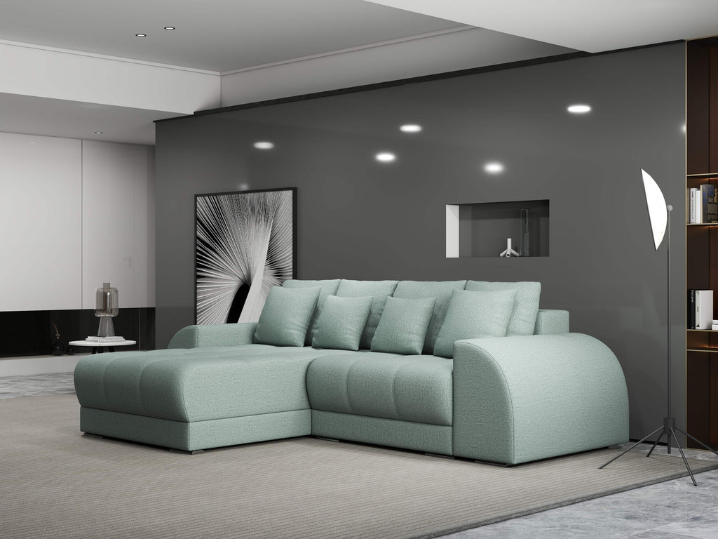 Colțar extensibil dumonde cu ladă de depozitare si sezut confortabil din spuma high-density, Verona Enjoy Mint 290x185 cm
