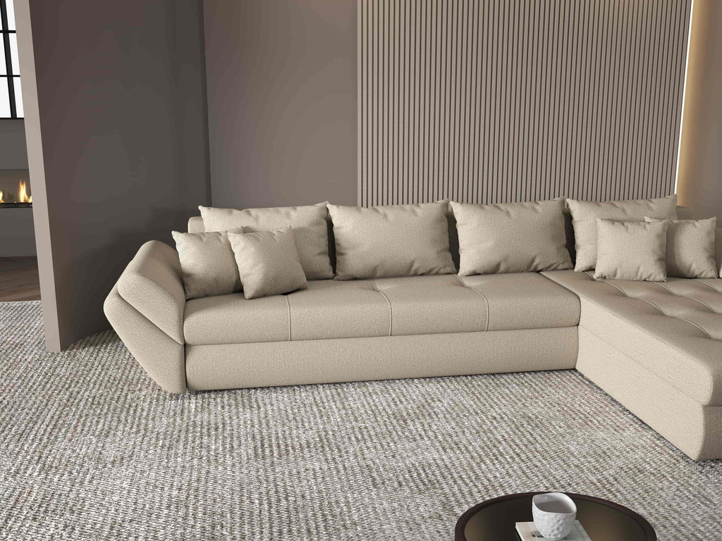 Colțar extensibil dumonde cu ladă de depozitare si sezut confortabil din spuma high-density, Loana XL Enjoy Camel II 335x185 cm
