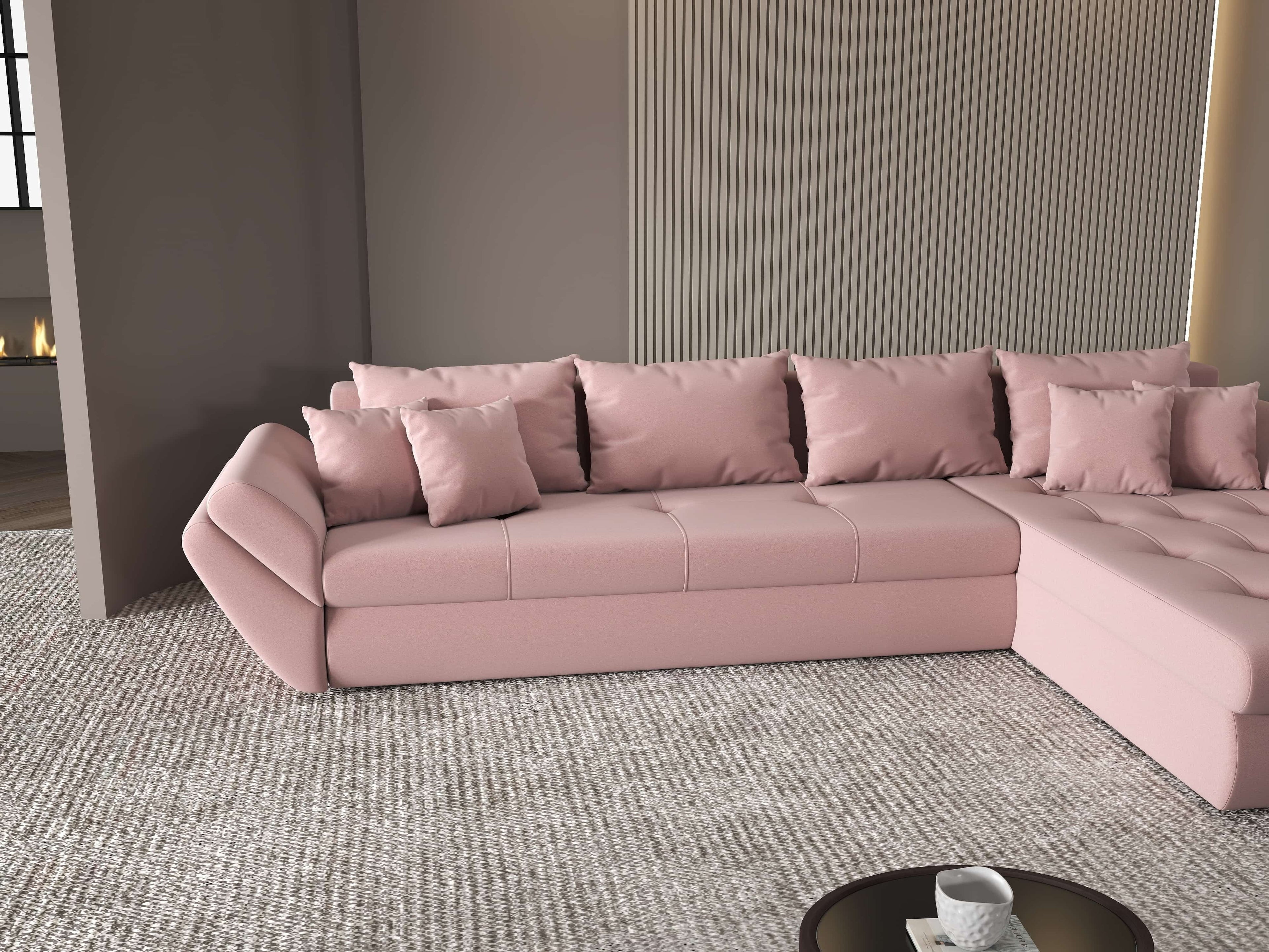 Colțar extensibil dumonde cu ladă de depozitare si sezut confortabil din spuma high-density, Loana XL Royal Roz II 335x185 cm