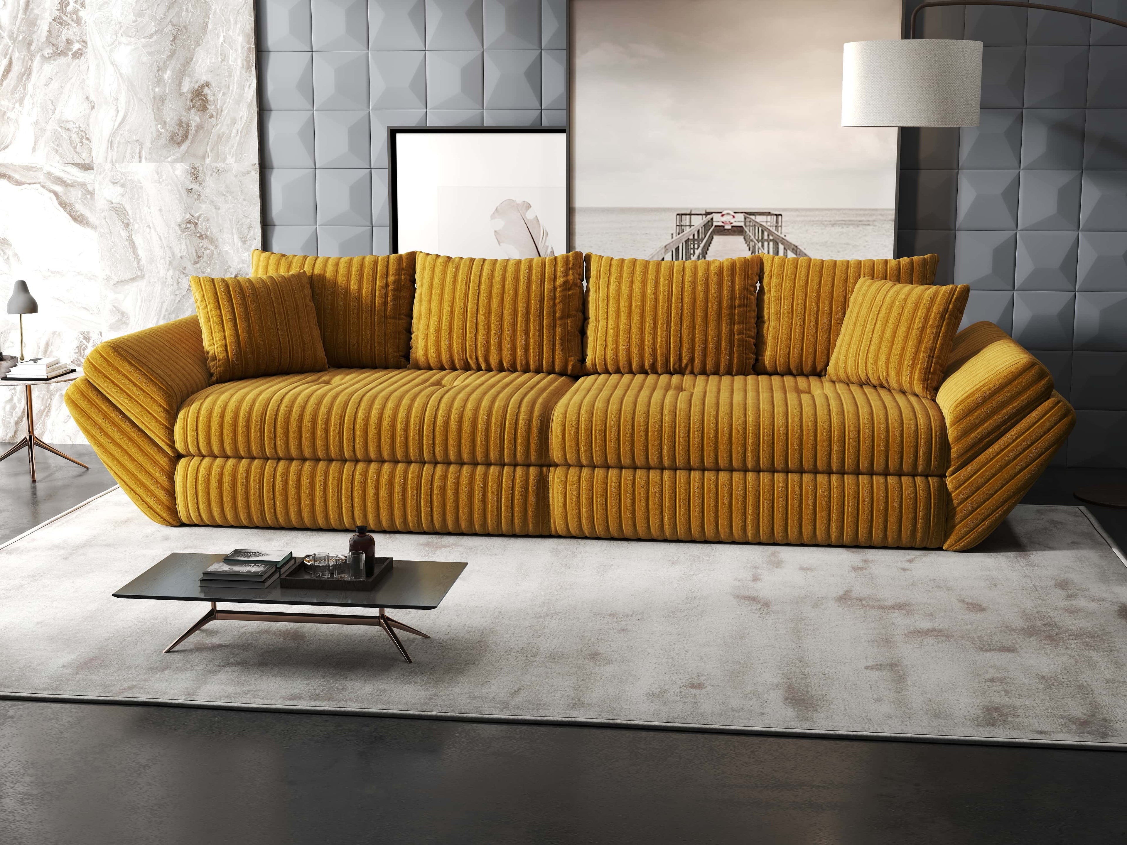 Canapea extensibilă dumonde cu ladă de depozitare si sezut confortabil din spuma high-density, Loana Ambience Mustar 300x100 cm