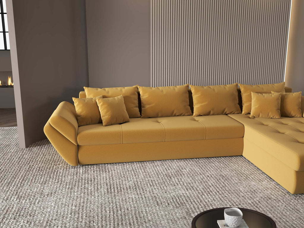 Colțar extensibil dumonde cu ladă de depozitare si sezut confortabil din spuma high-density, Loana XL Royal Mustar II 335x185 cm