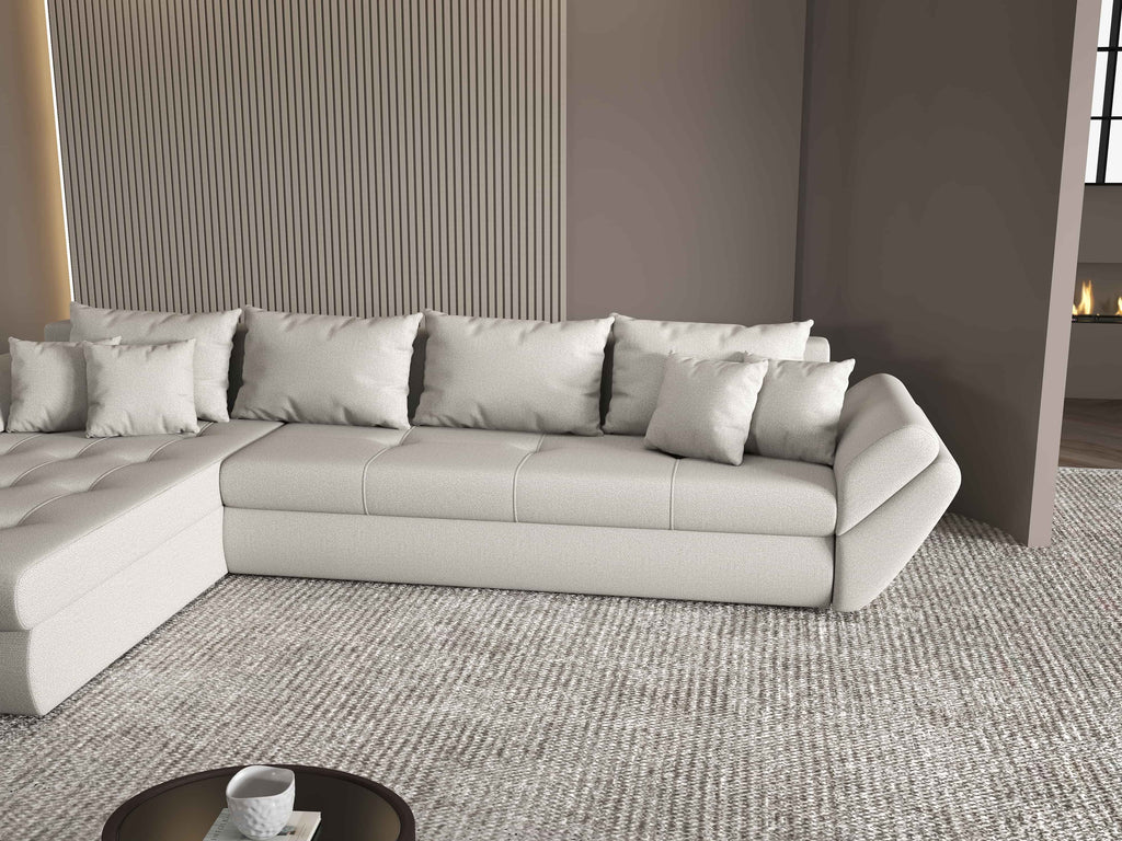 Colțar extensibil dumonde cu ladă de depozitare si sezut confortabil din spuma high-density, Loana XL Enjoy Beige 335x185 cm