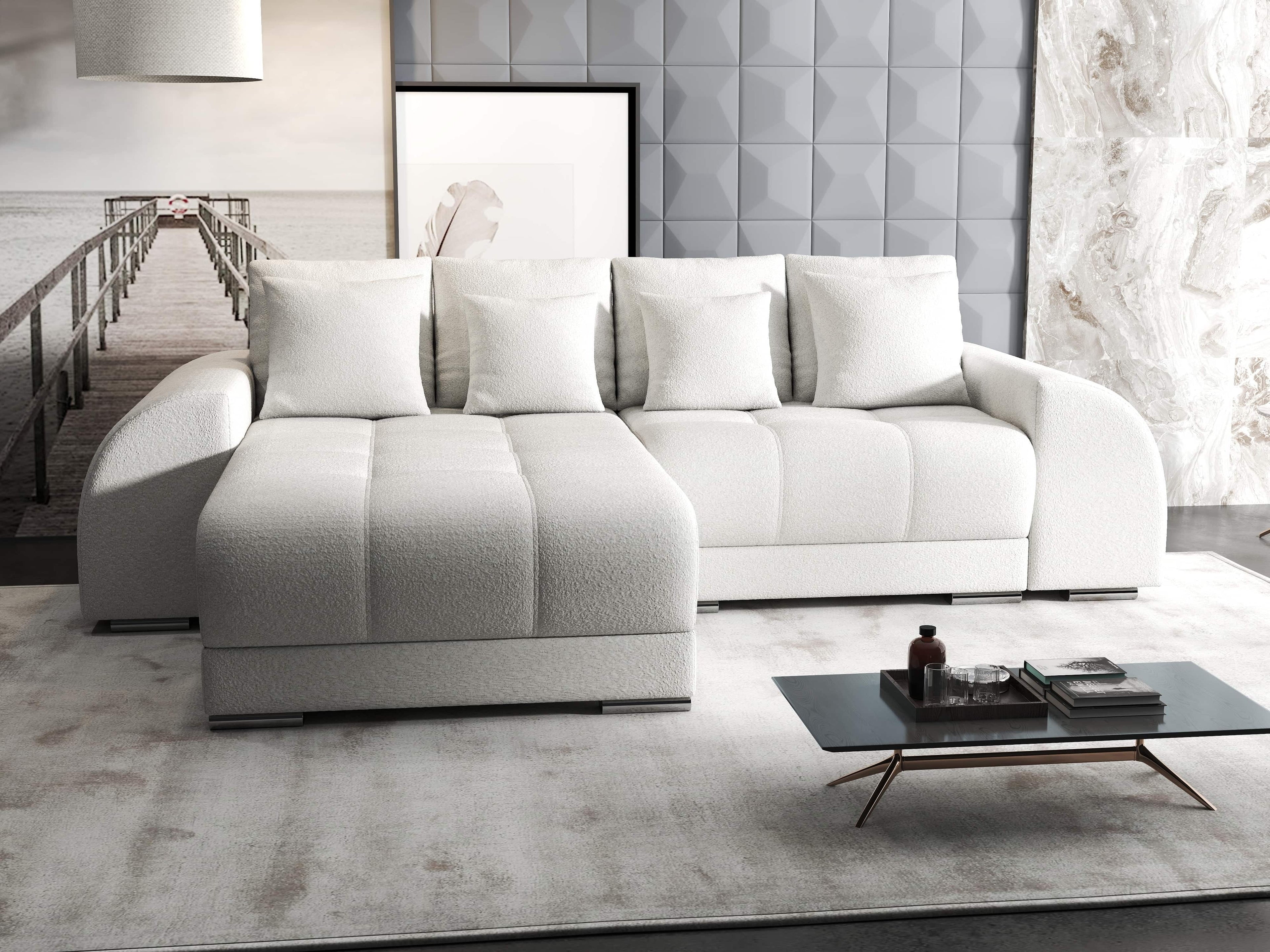 Colțar extensibil dumonde cu ladă de depozitare si sezut confortabil din spuma high-density, Verona Euphoria Ivory 290x185 cm