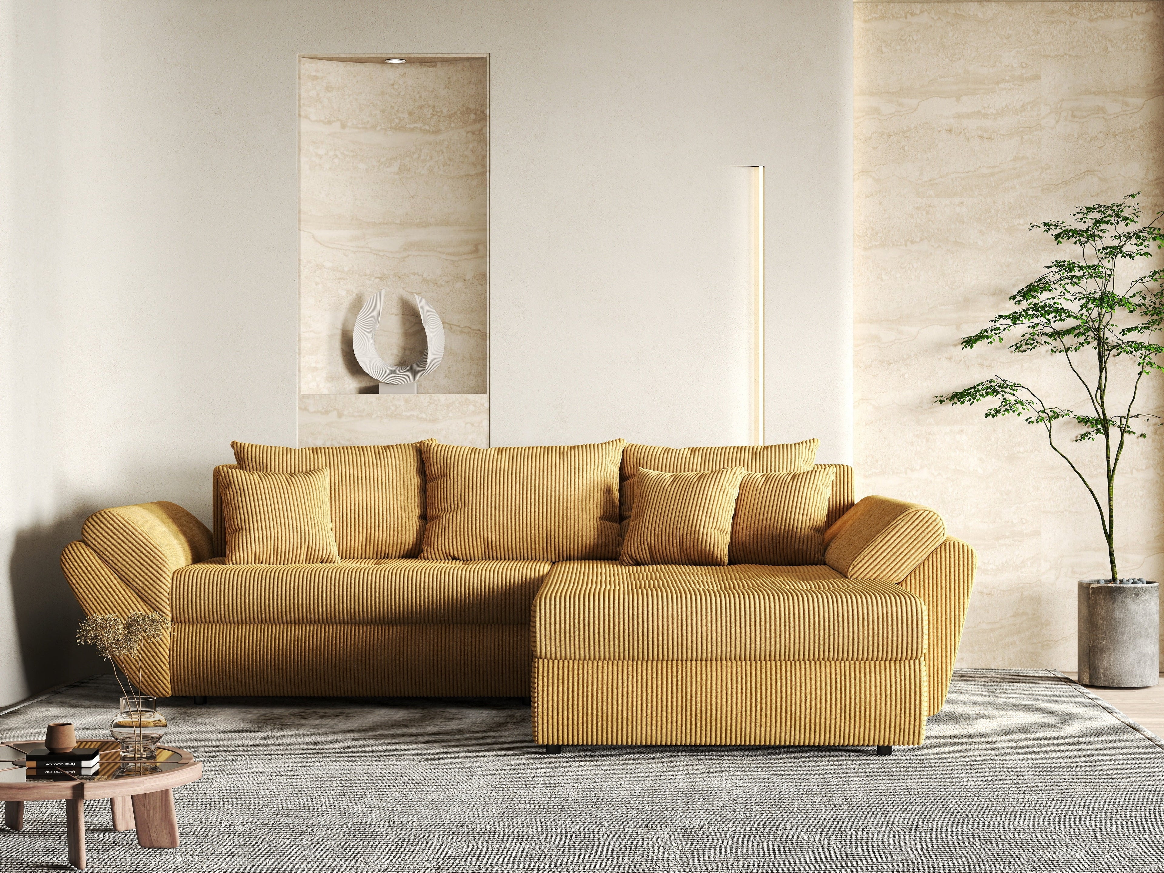 Colțar extensibil dumonde cu ladă de depozitare si sezut confortabil din spuma high-density, Loana Zoom Mustar II 270x185 cm