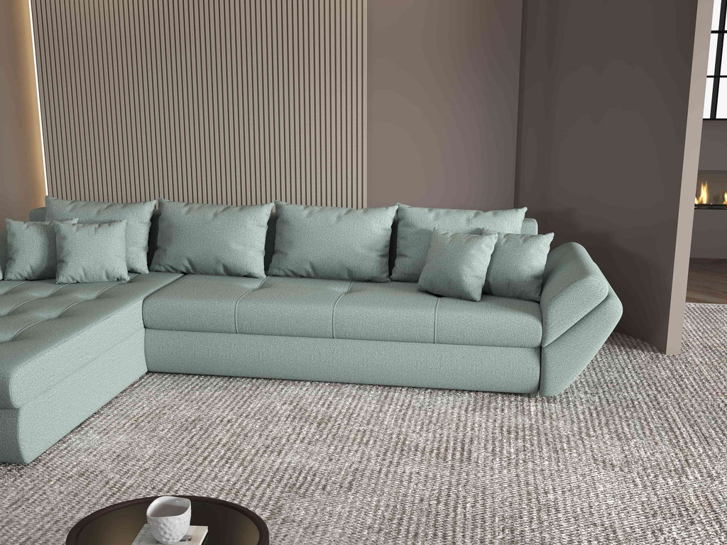 Colțar extensibil dumonde cu ladă de depozitare si sezut confortabil din spuma high-density, Loana XL Enjoy Mint 335x185 cm