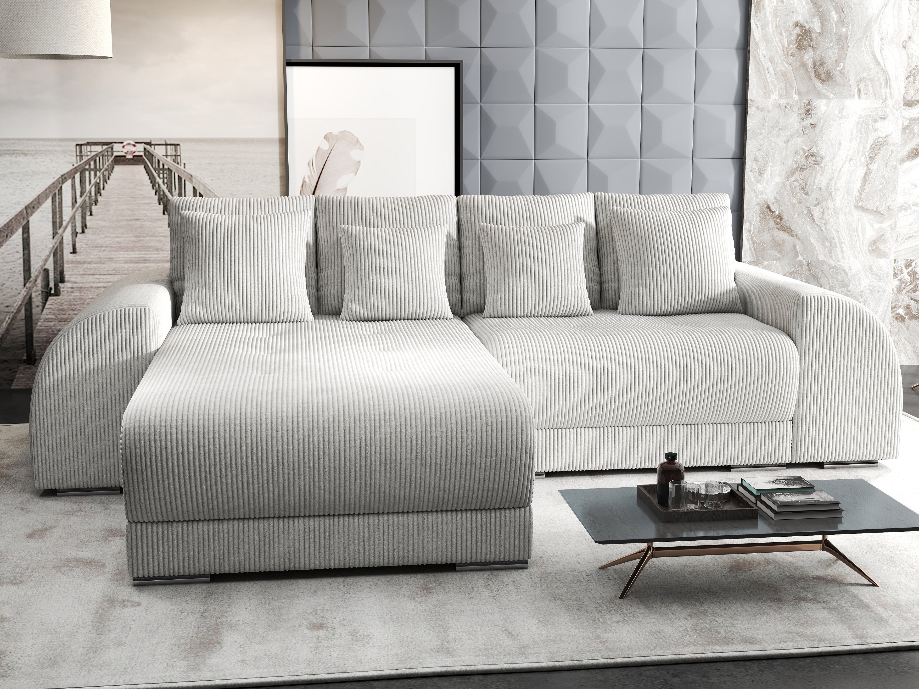 Colțar extensibil dumonde cu ladă de depozitare si sezut confortabil din spuma high-density, Verona Zoom Crem 290x185 cm