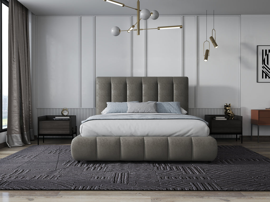 Pat dormitor dumonde, tapitat bej, Divaneo 160x200 cm, somiera rabatabila inclusa, spatiu depozitare