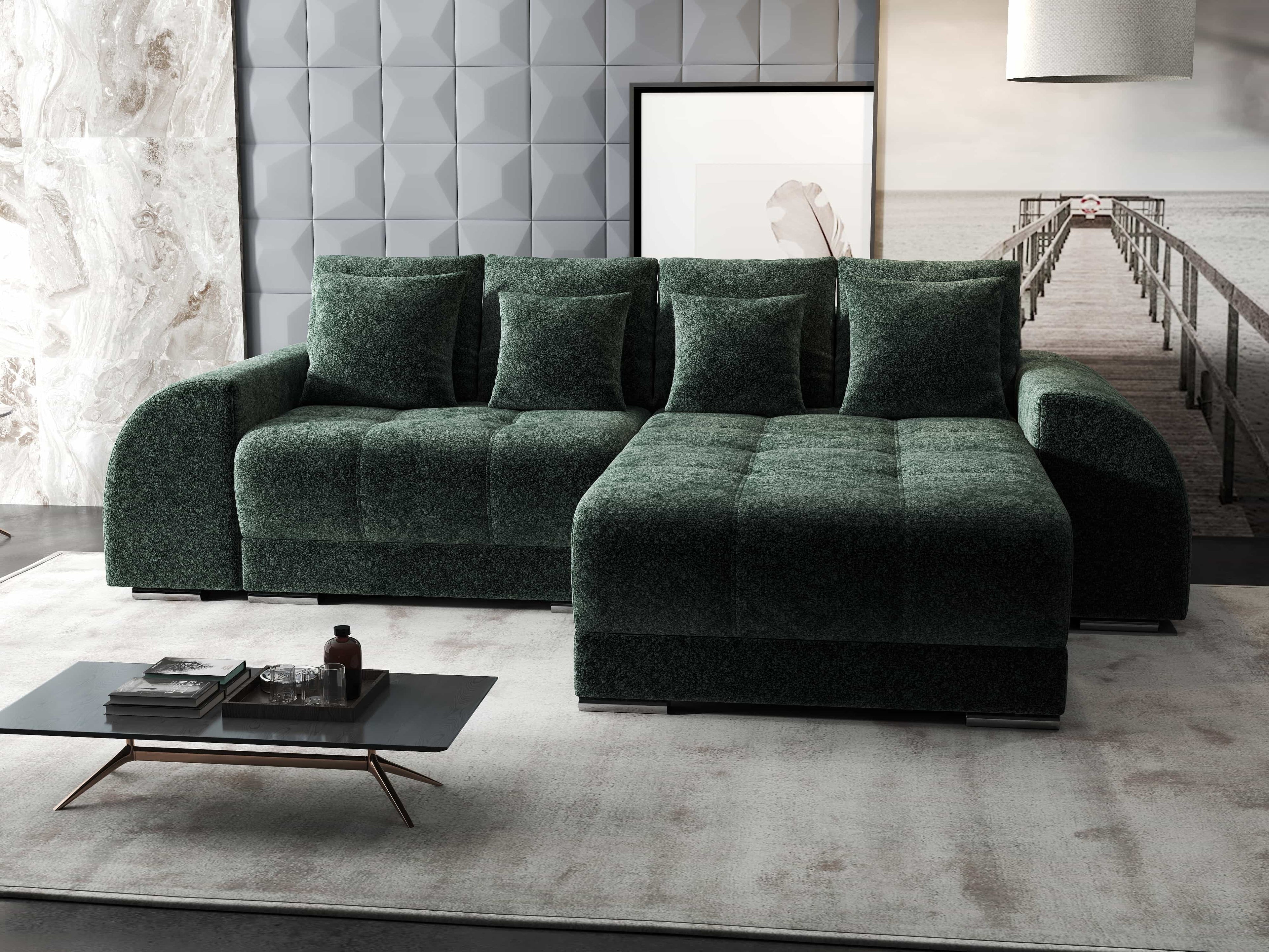 Colțar extensibil dumonde cu ladă de depozitare si sezut confortabil din spuma high-density, Verona Euphoria Verde II 290x185 cm
